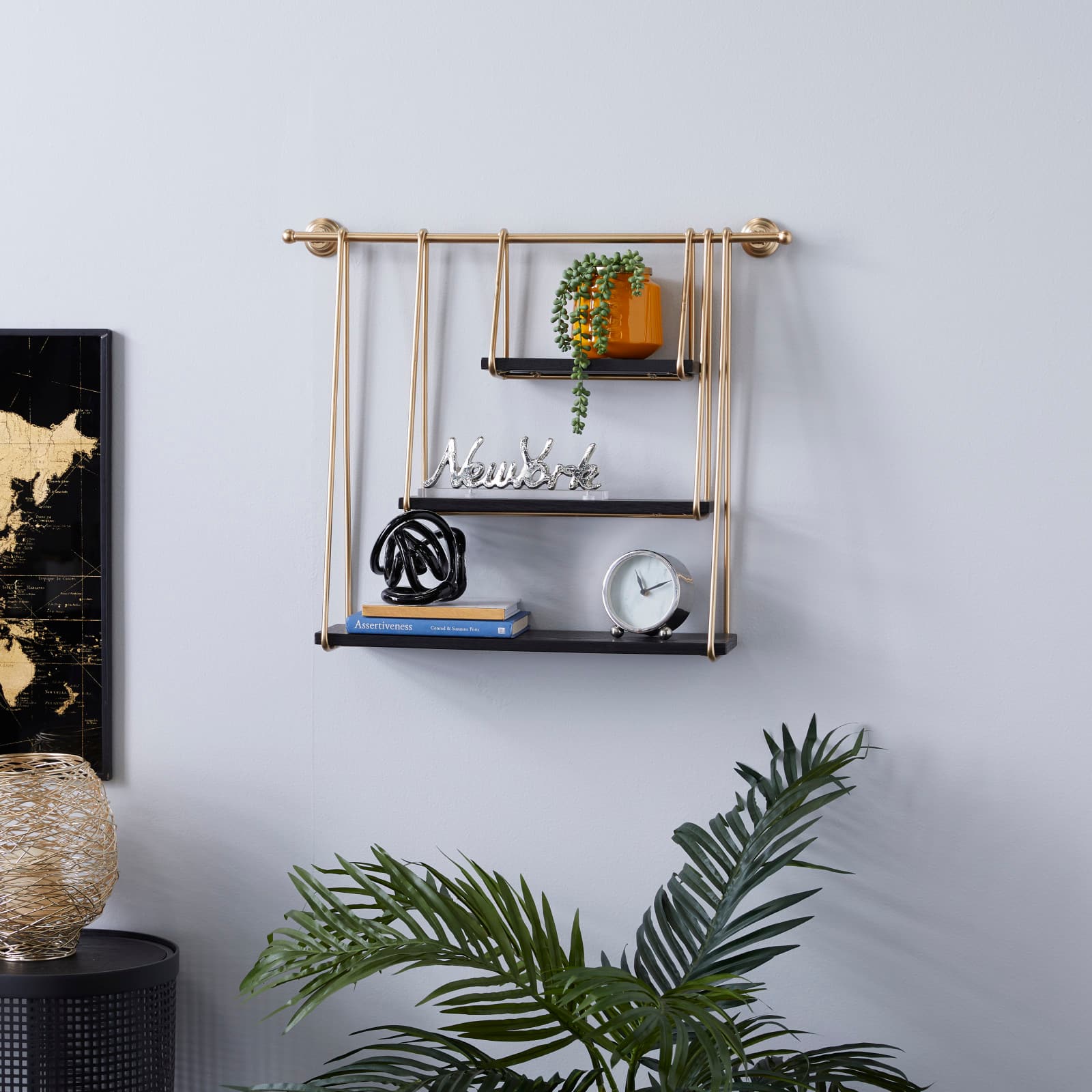 Gold Metal and Wood Modern Wall Shelves, 22&#x22; x 26&#x22; x 6&#x22;