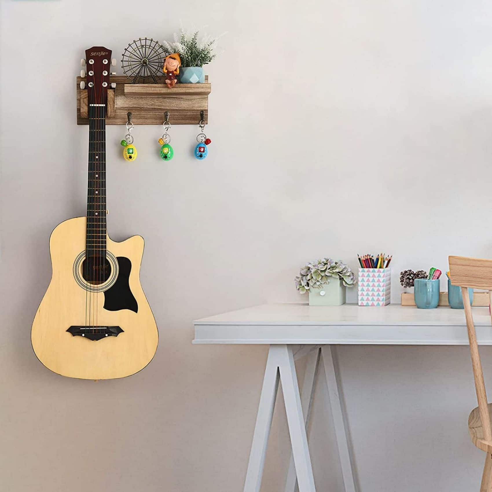 NEX™ Wood Guitar Wall Hanger with Shelf & 3 Hooks