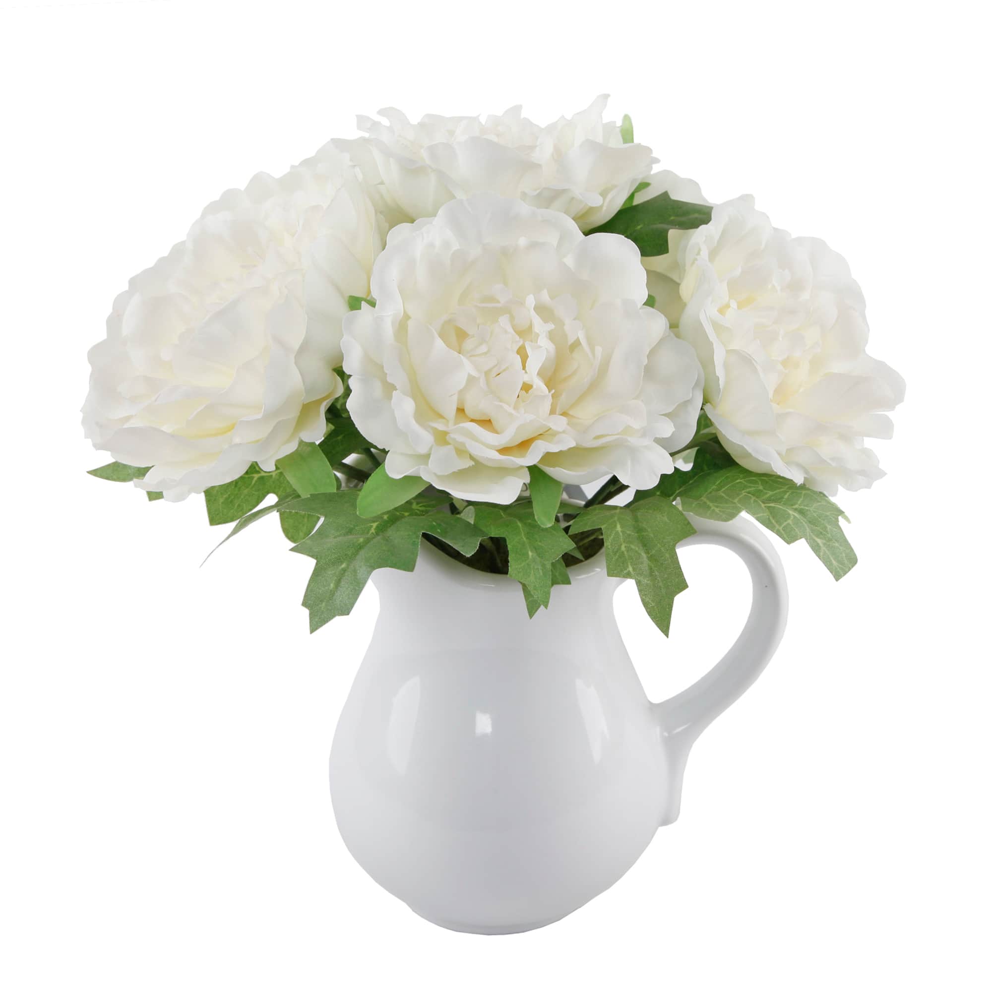Flora Bunda® 11.5" White Peony Arrangement in Ceramic Watering Vase