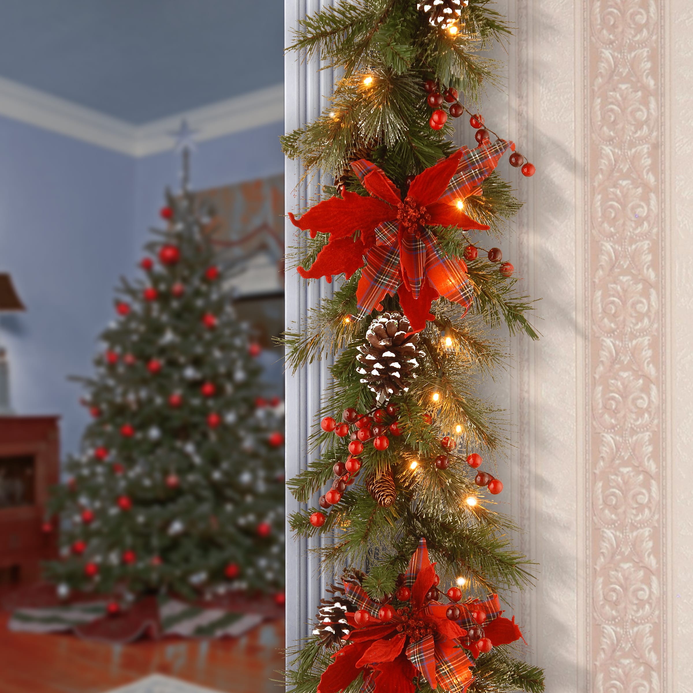 9&#x27; X 12&#x22; Pre-lit Decorative Collection Tartan Plaid Artificial Christmas Garland with Cones, Red Berries, Poinsettias and Soft White LED 