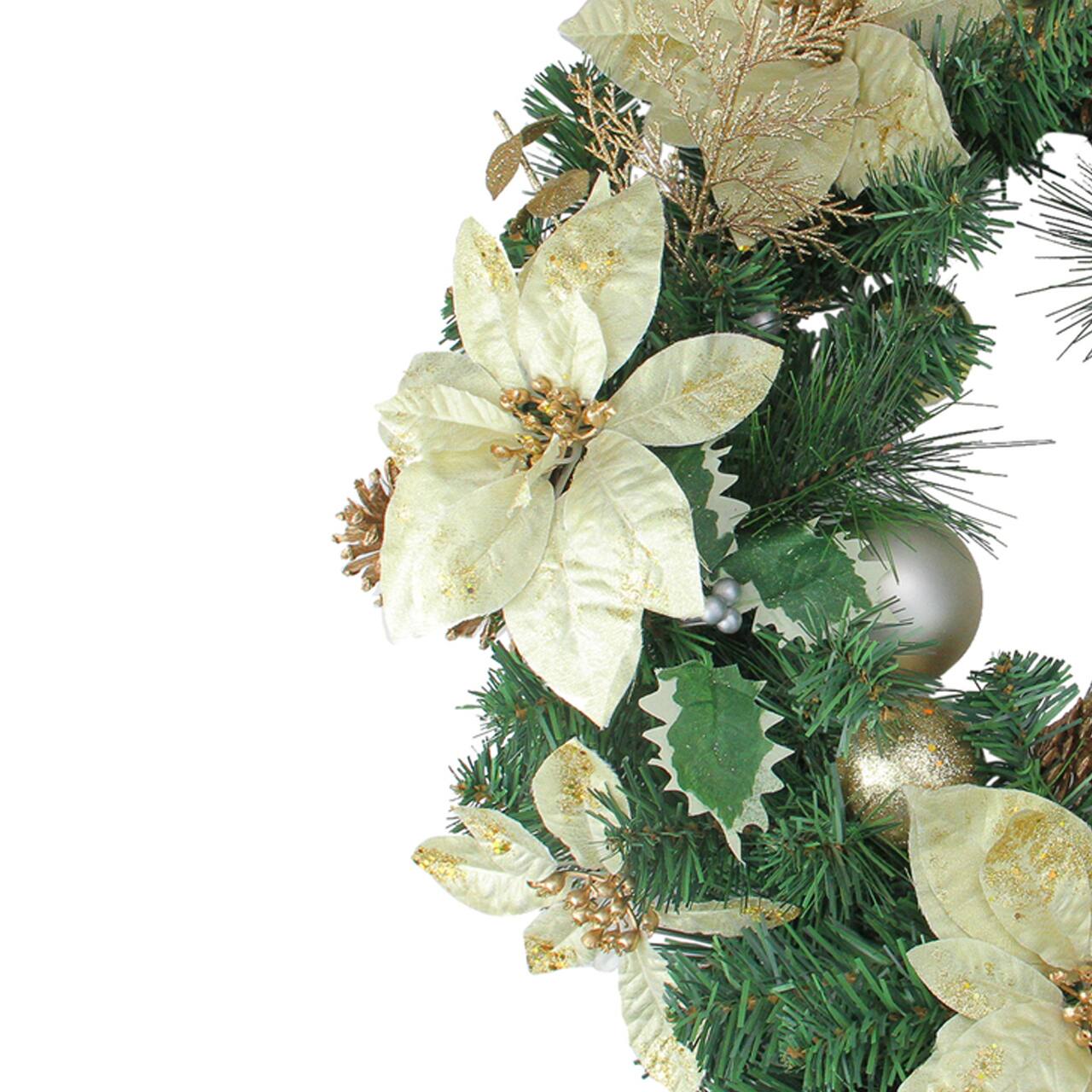 24&#x22; Pre-Decorated Gold Poinsettia &#x26; Ball Artificial Wreath