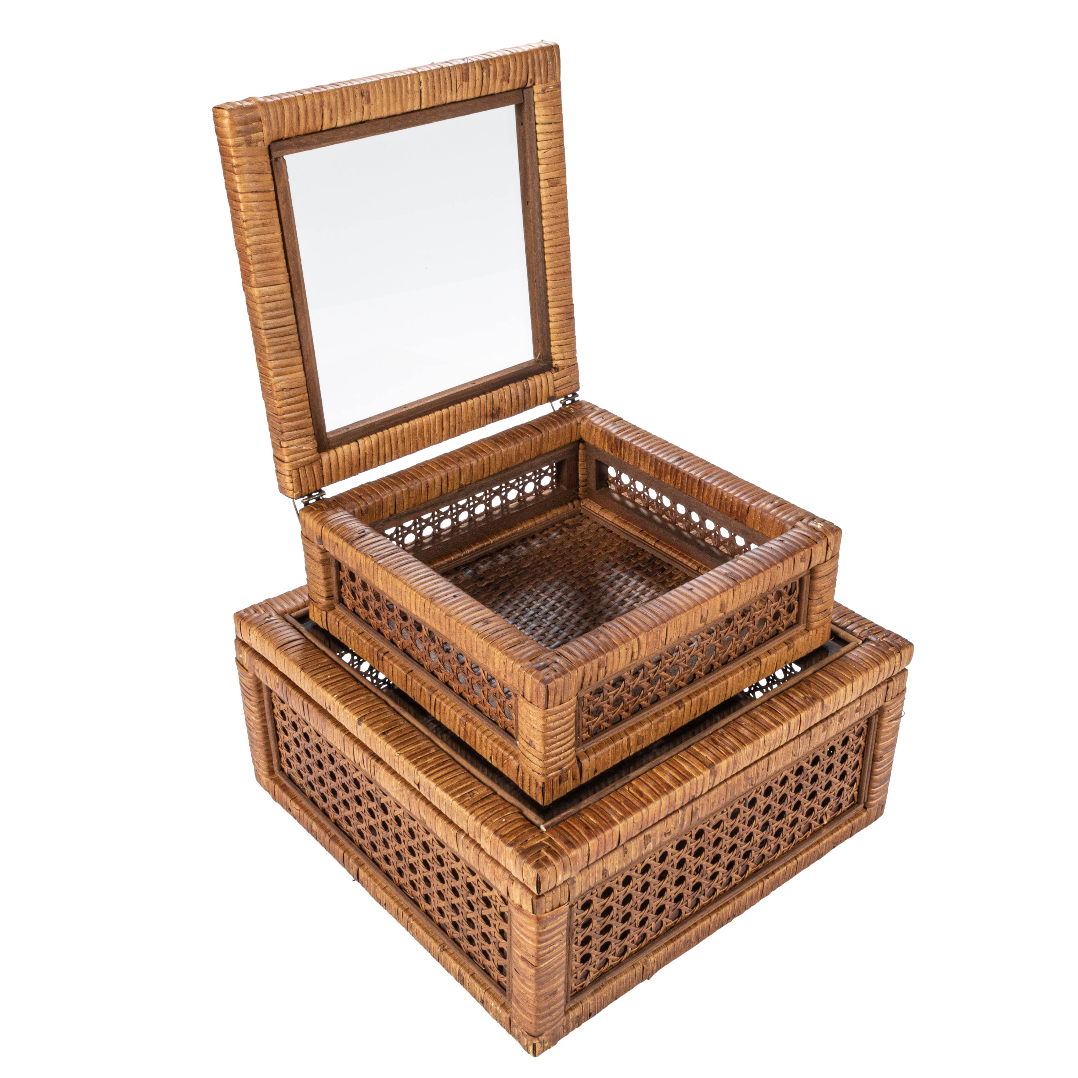 Hello Honey&#xAE; Dark Brown Modern Decorative Square Woven Rattan &#x26; Wood Display Box Set with Glass Top