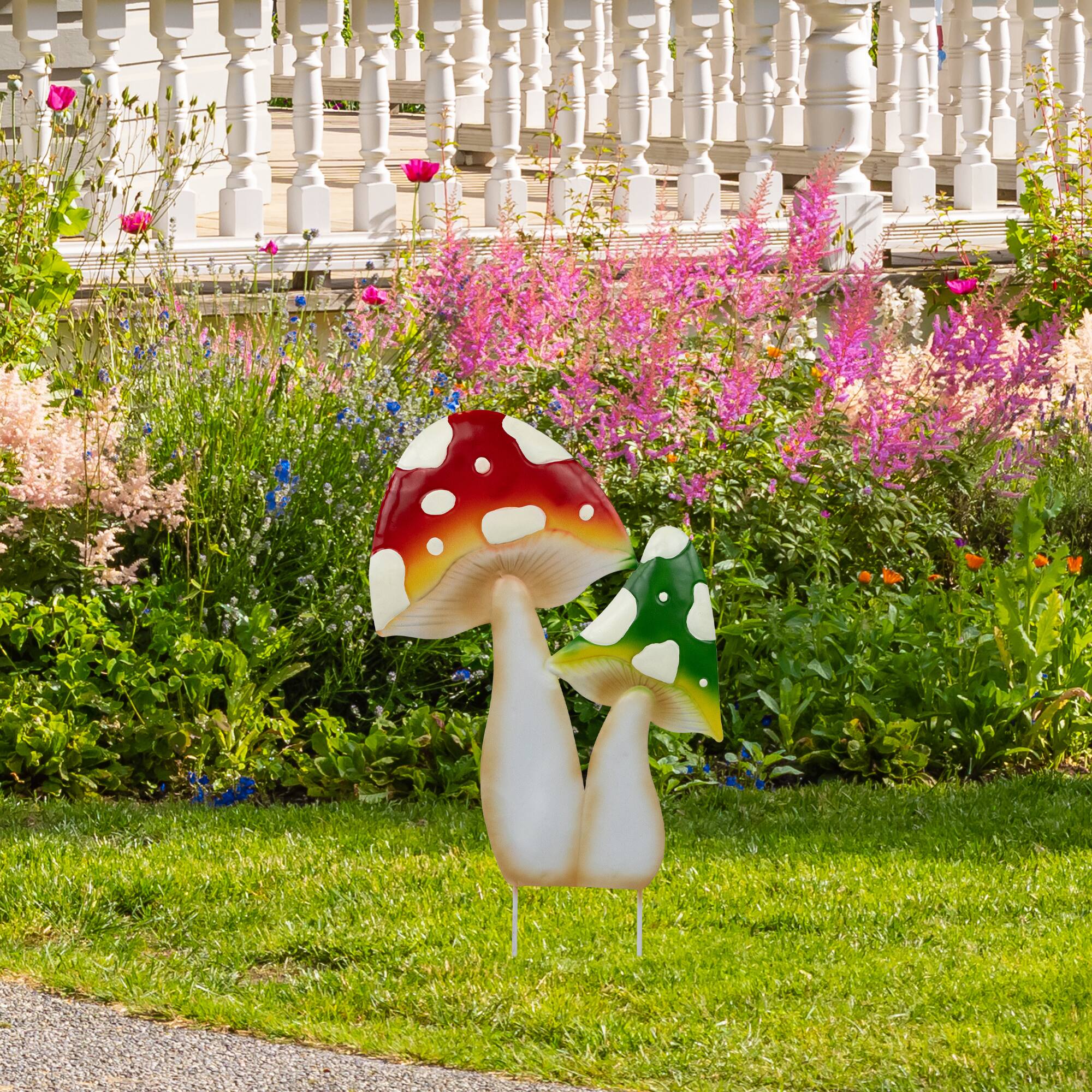 16" Red & Green Double Mushrooms Outdoor Garden Stake