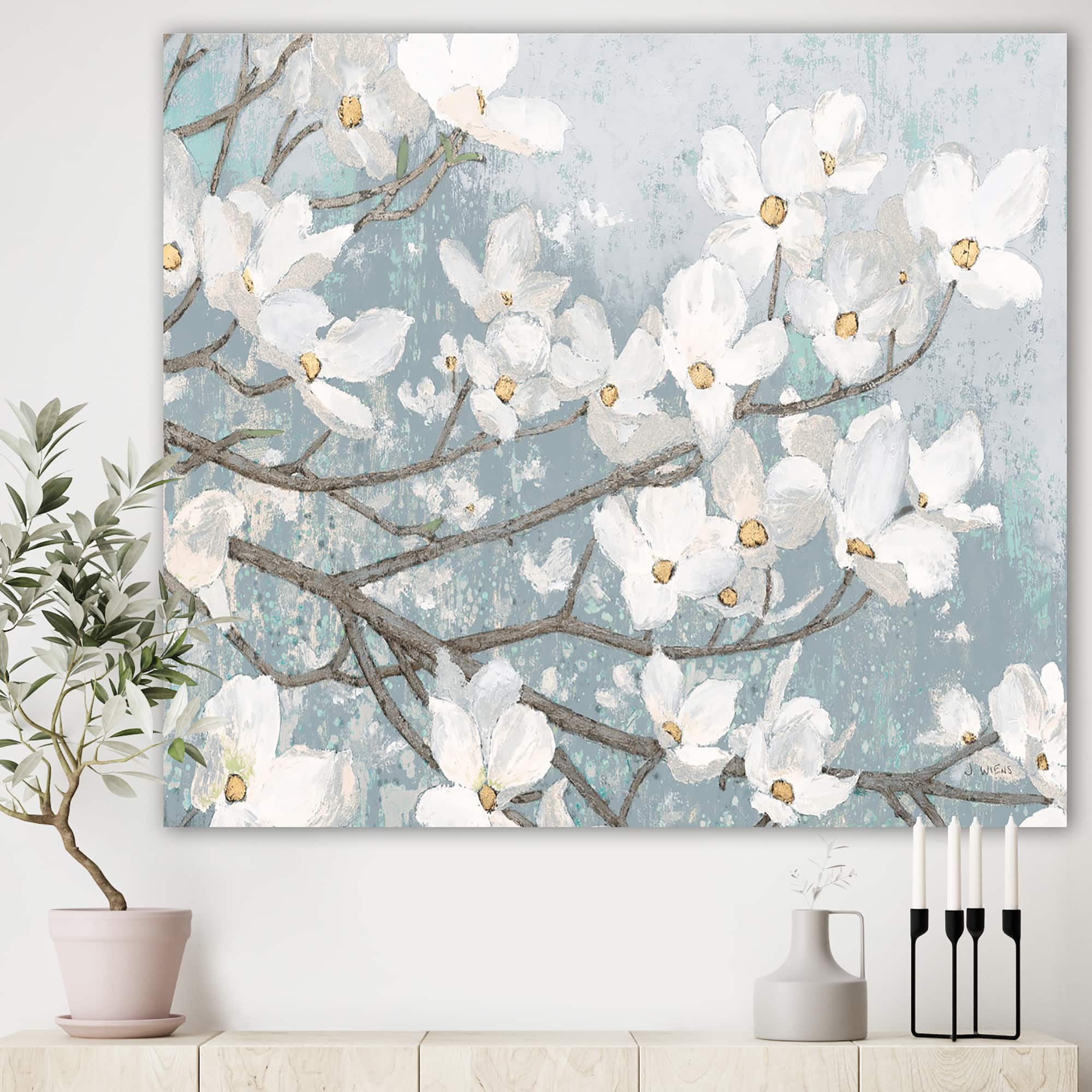 Designart - Blue on Grey Blossoms - Traditional Canvas Artwork