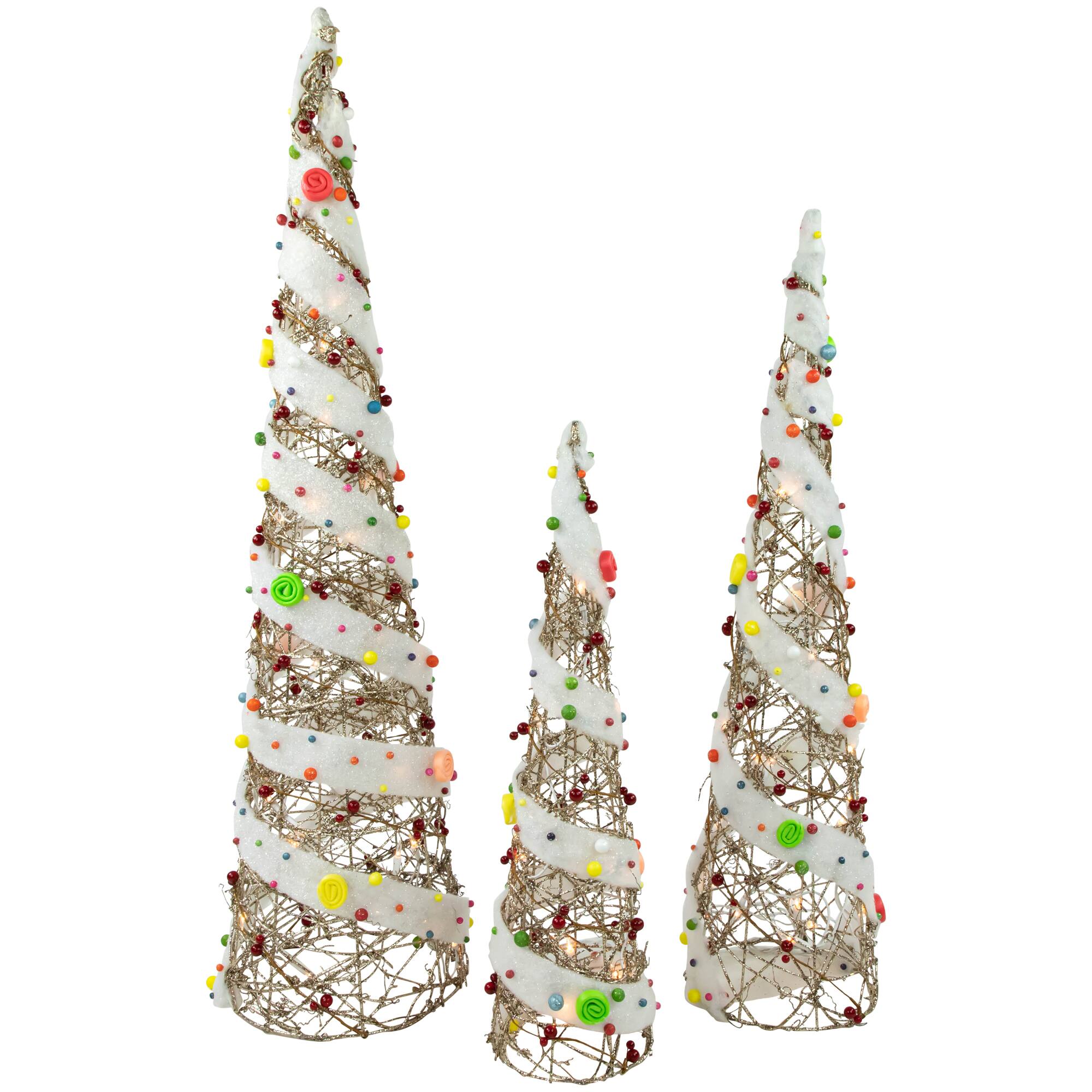Set of 3 Lighted Champagne Gold Rattan Candy Covered Cone Tree Christmas Yard Art Decorations 39.25&#x22;