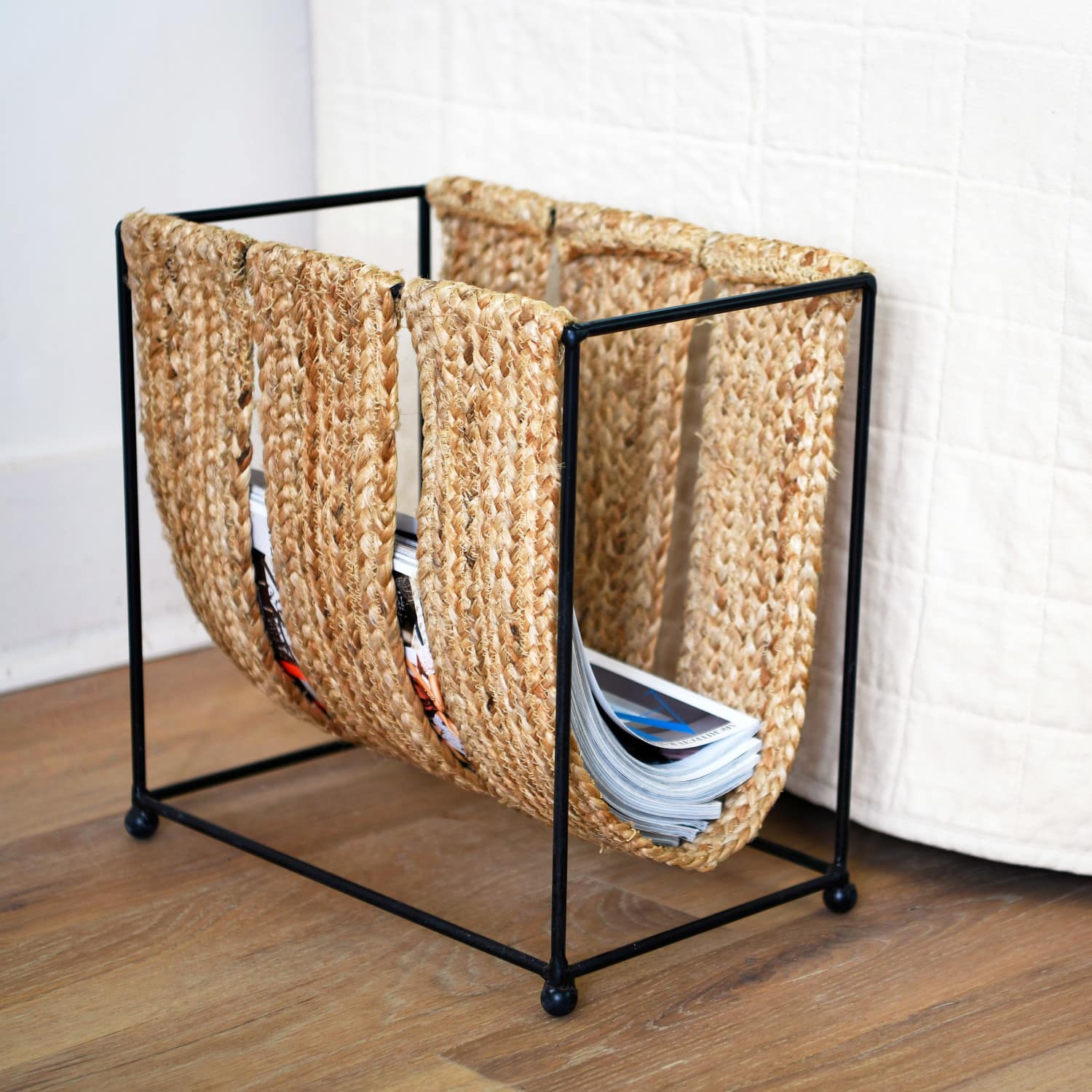 Natural &#x26; Black Woven Jute &#x26; Metal Magazine Holder