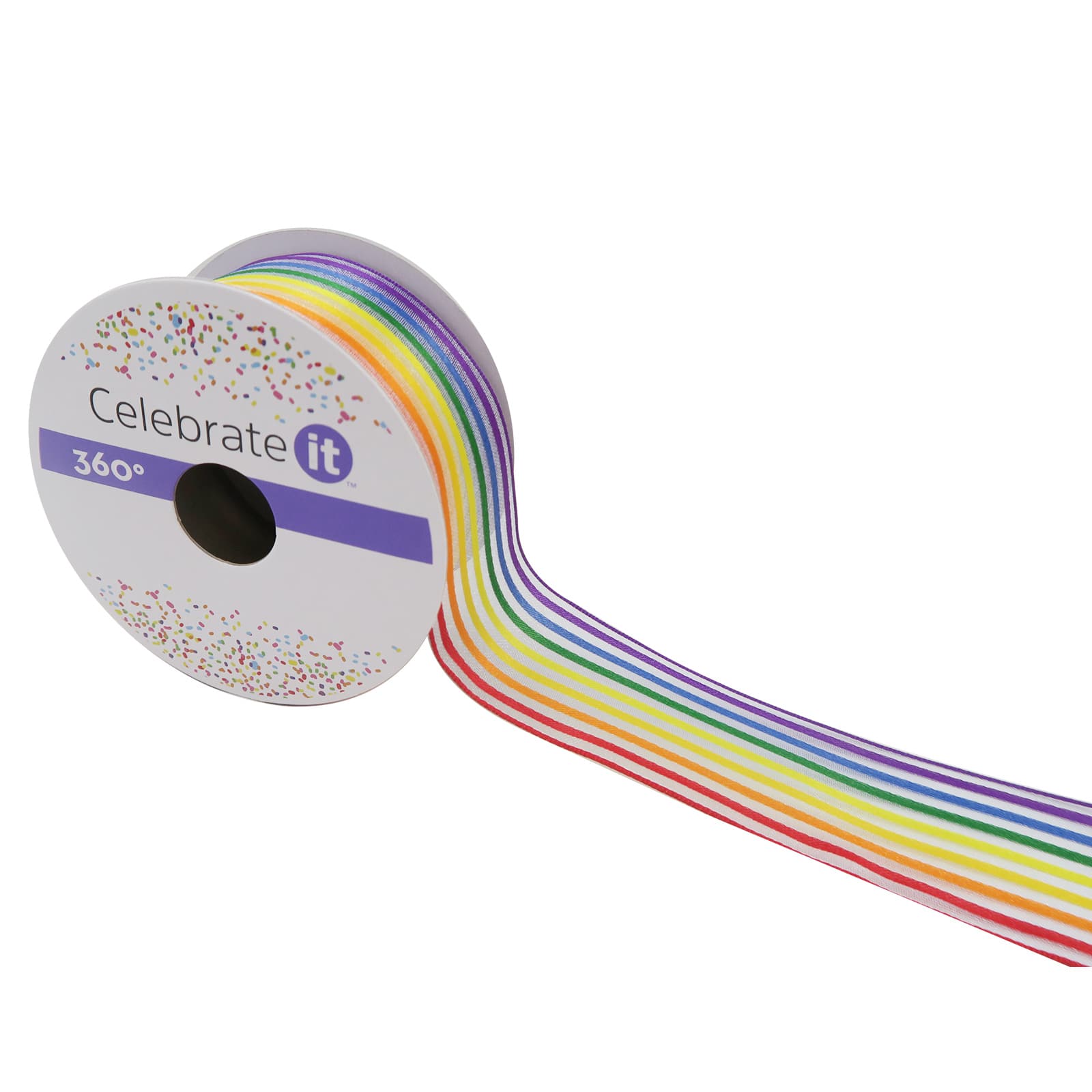 12 Pack: 1.5" x 3yd. Sheer Wired Rainbow Striped Ribbon by Celebrate It™ 360°™