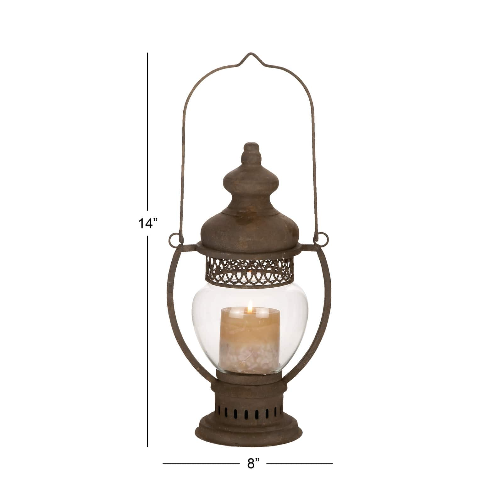 14&#x22; Brown Iron Rustic Candle Holder Lantern