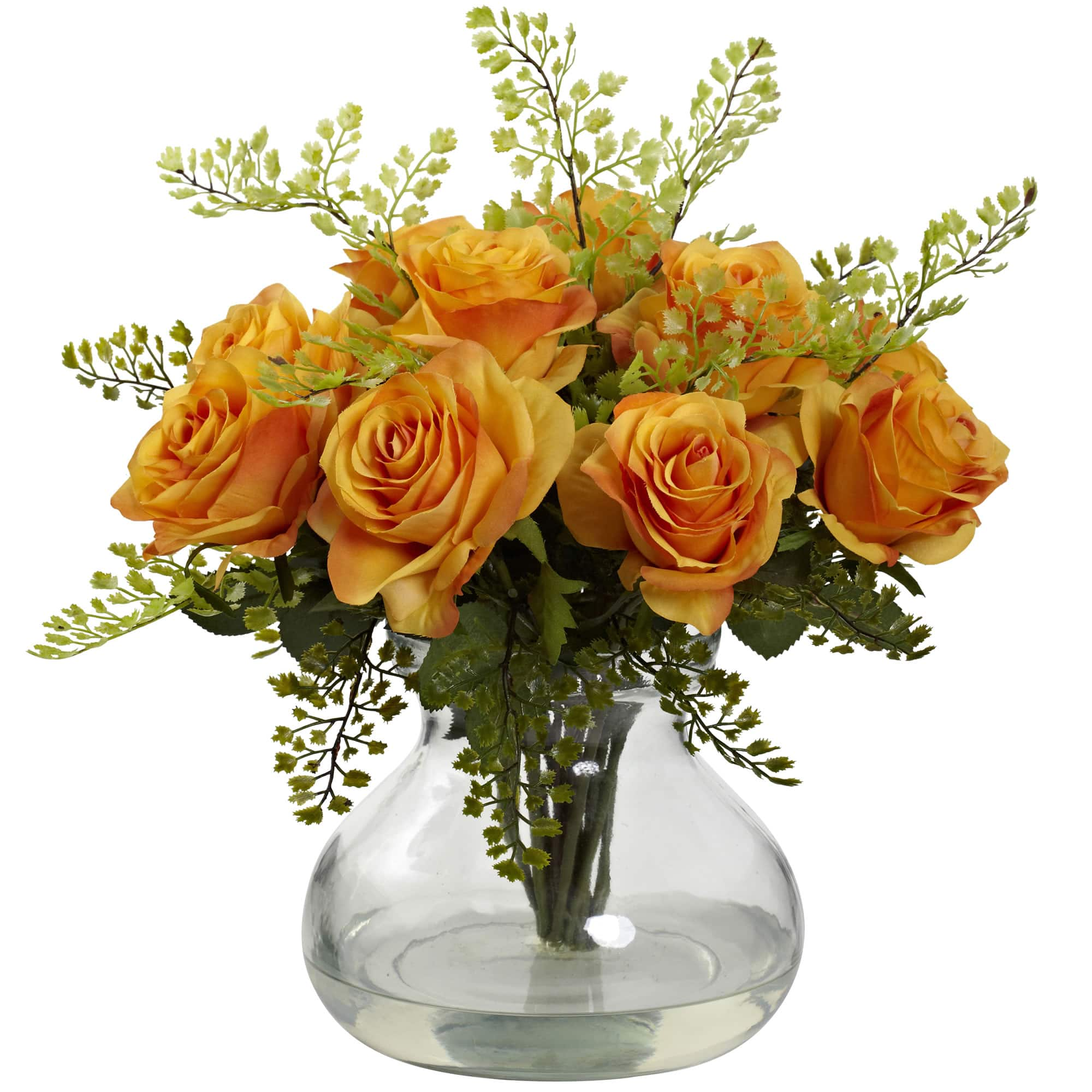 14&#x22; Orange &#x26; Yellow Rose with Maidenhair Floral Arrangement in Vase