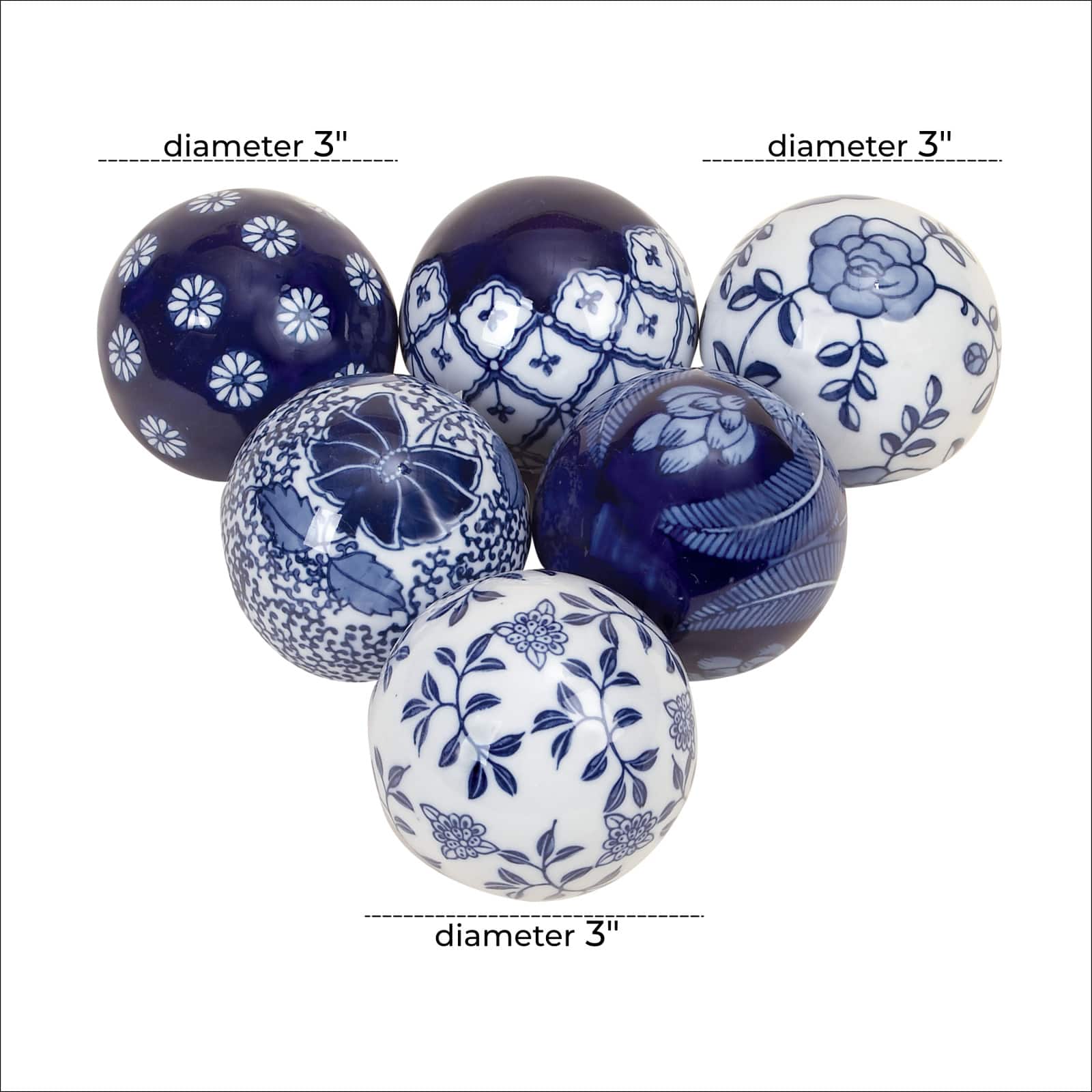 3" Blue & White Patterned Ceramic Vase Filler Orb Set