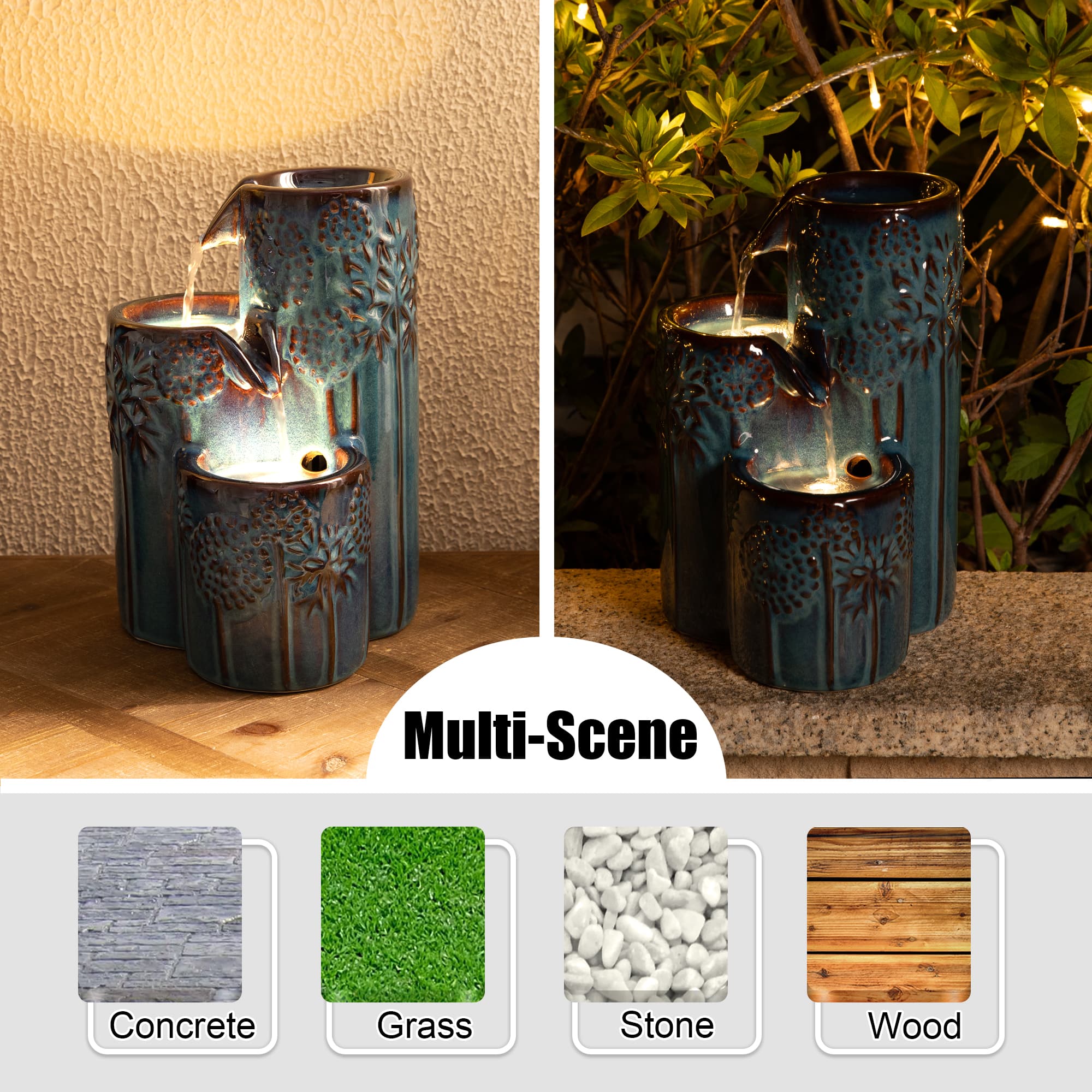 Glitzhome® 10" LED 3-Tier Turquoise Tabletop Fountain with Pump