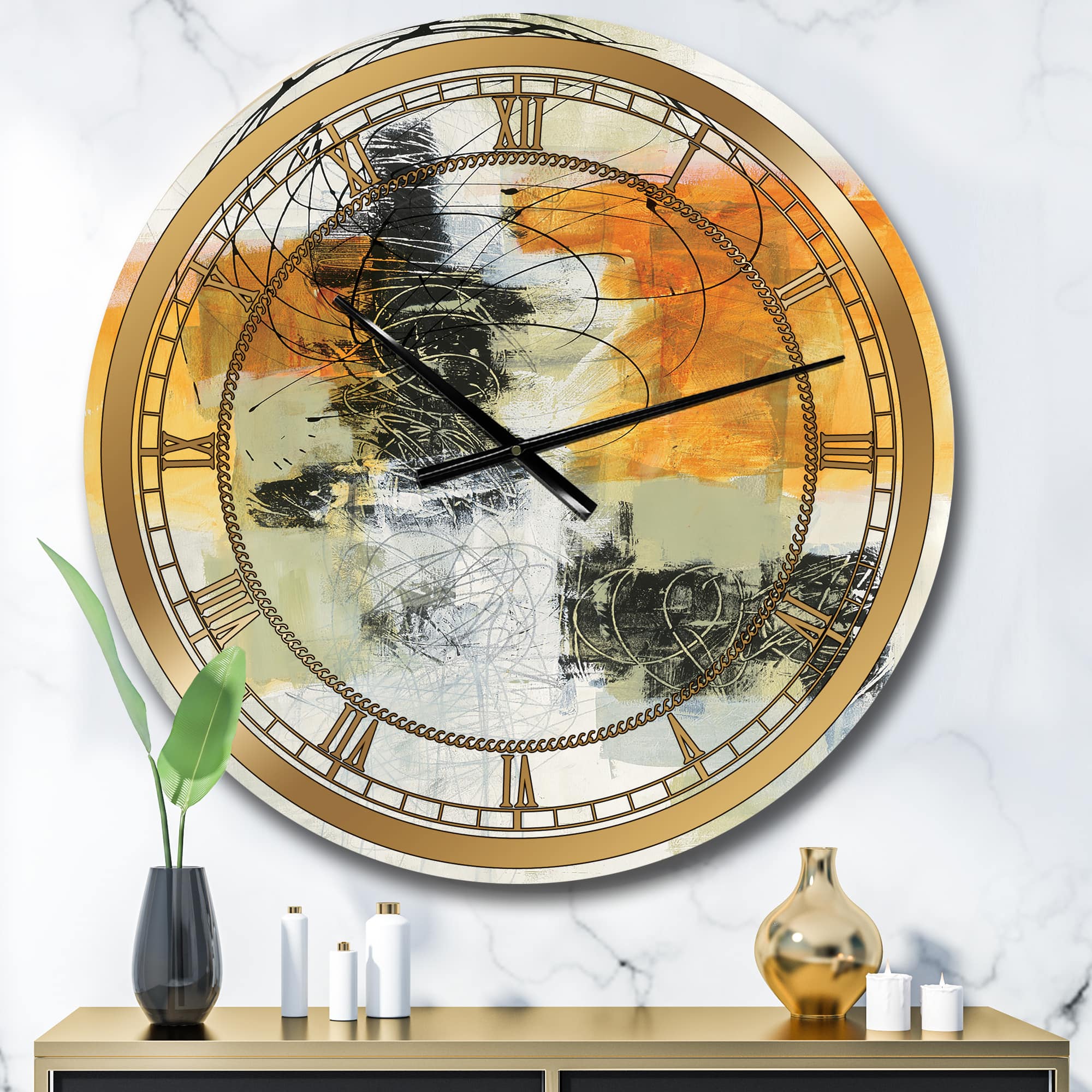 Designart 'Abstract Composition Of Glamorous Yellow And Black Glam Wall Clock