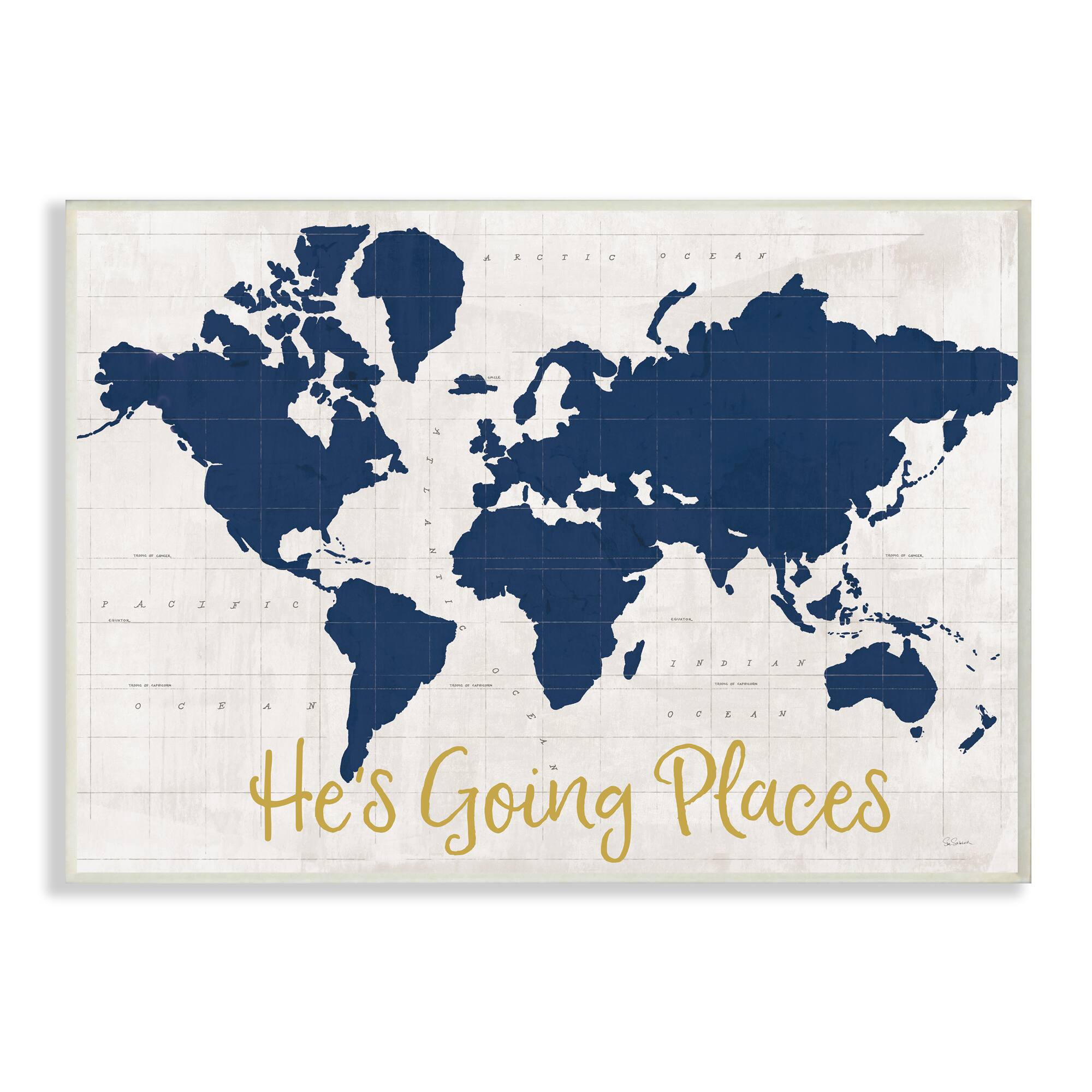 Stupell Industries He&#x27;s Going Places Blue World Map Wall Plaque