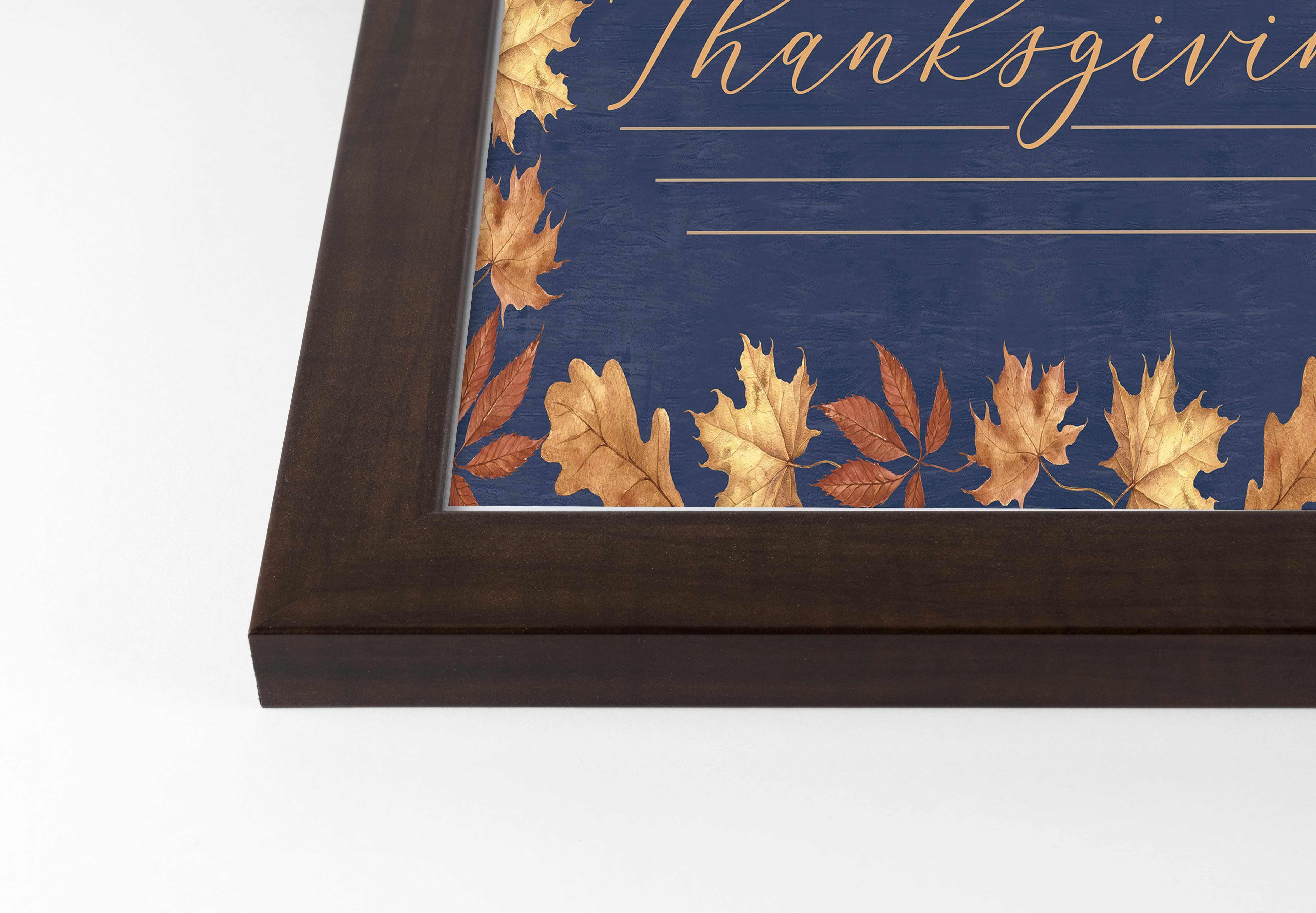 Blessed Thanksgiving Blue & Gold Walnut Framed Print Under Plexiglass
