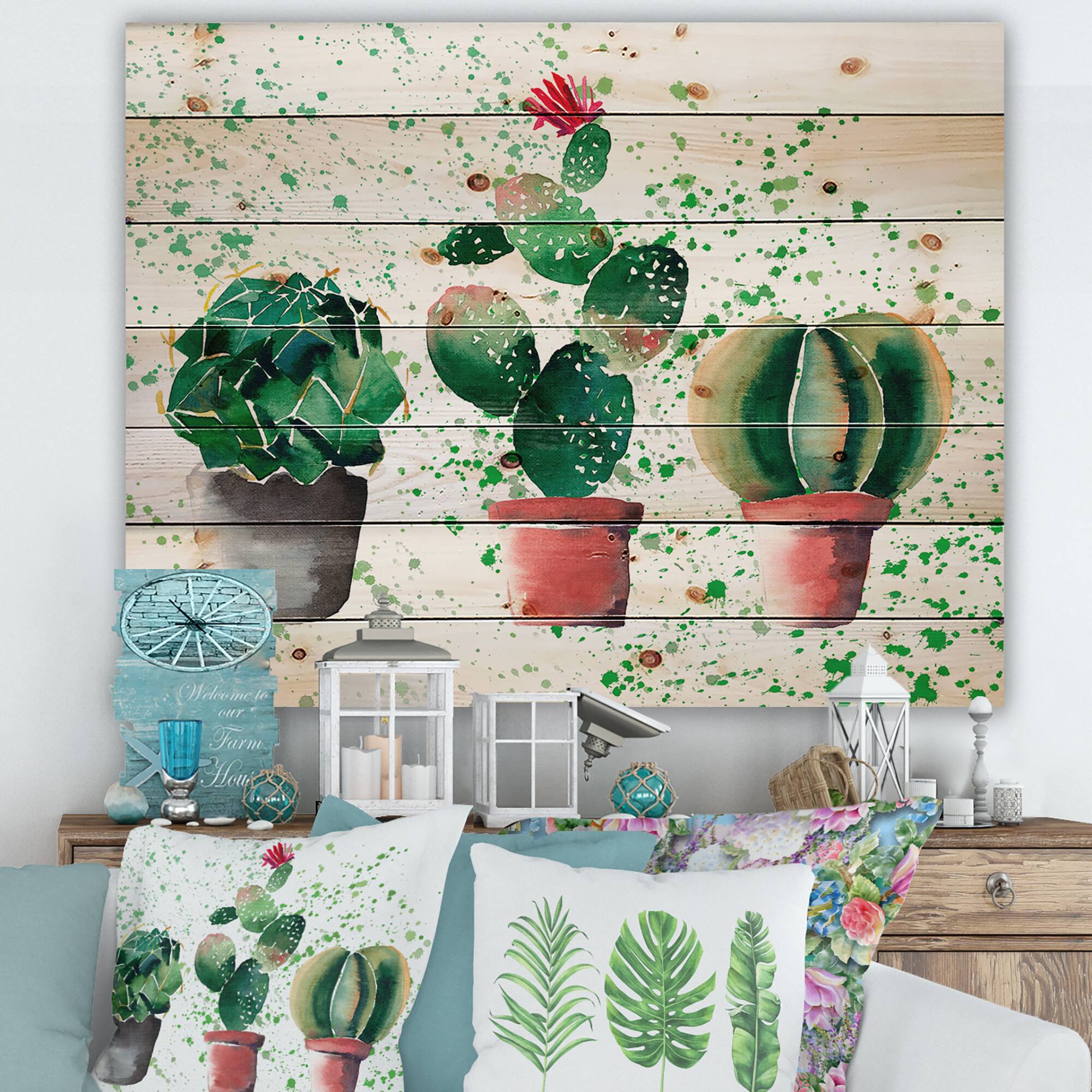 Designart - Three Cacti In Clay Pots - Botanical Print on Natural Pine Wood