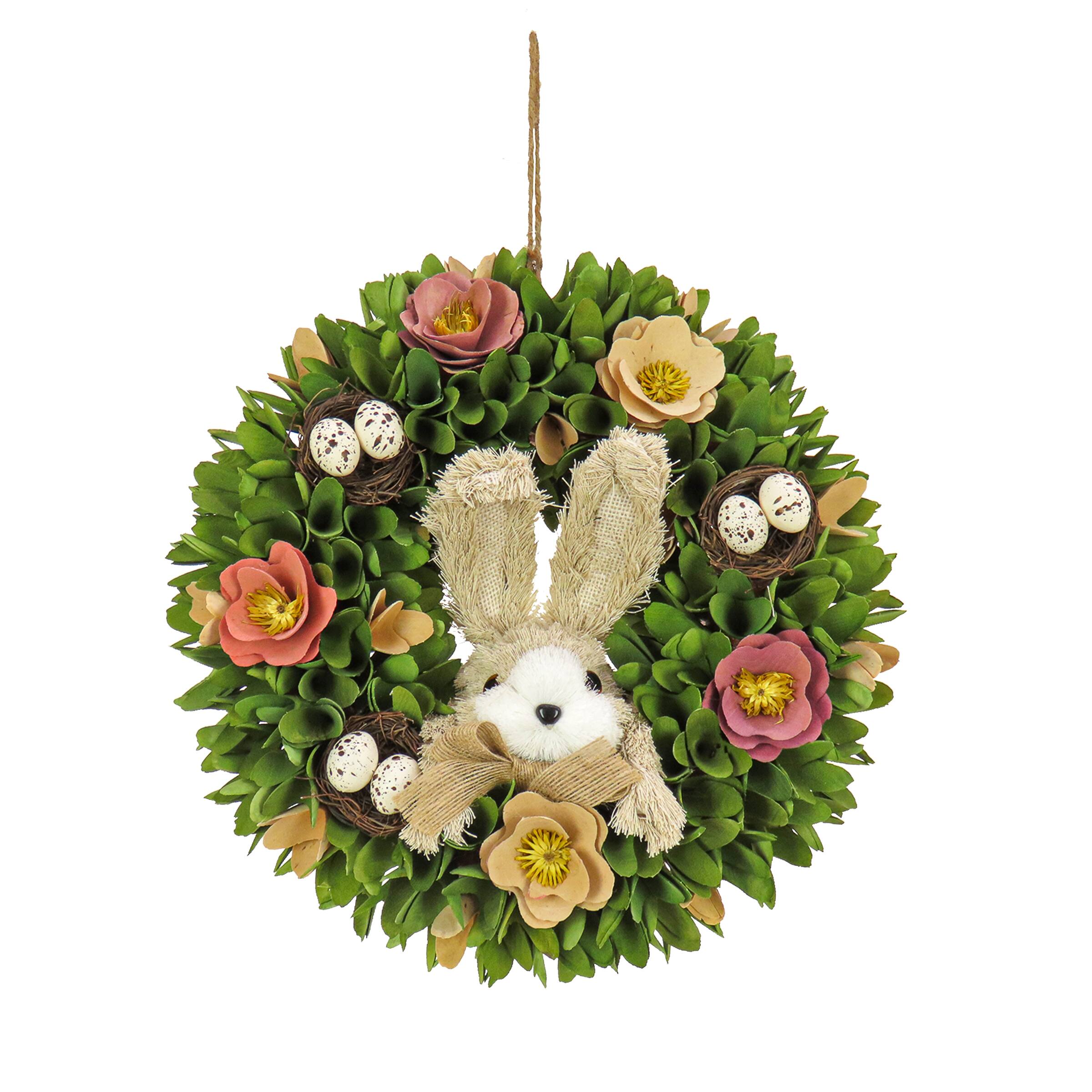 13&#x22; Woodcut Floral Bunny &#x26; Egg Easter Wreath