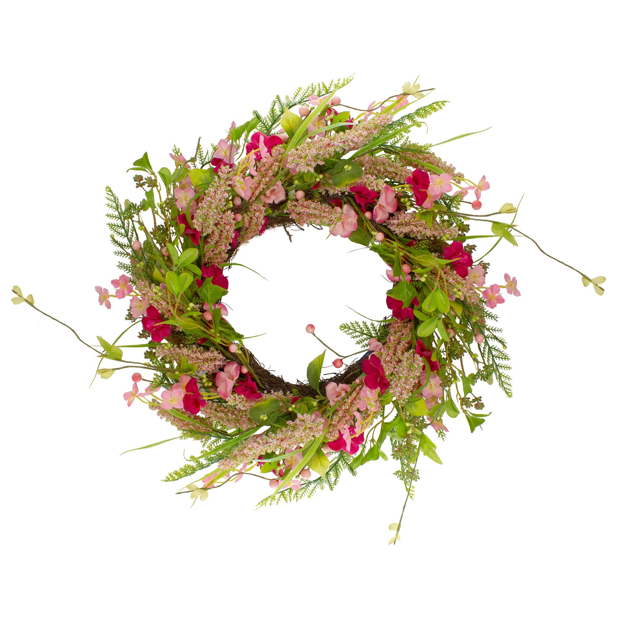 21" Pink Spring Floral Foliage & Berry Twig Wreath