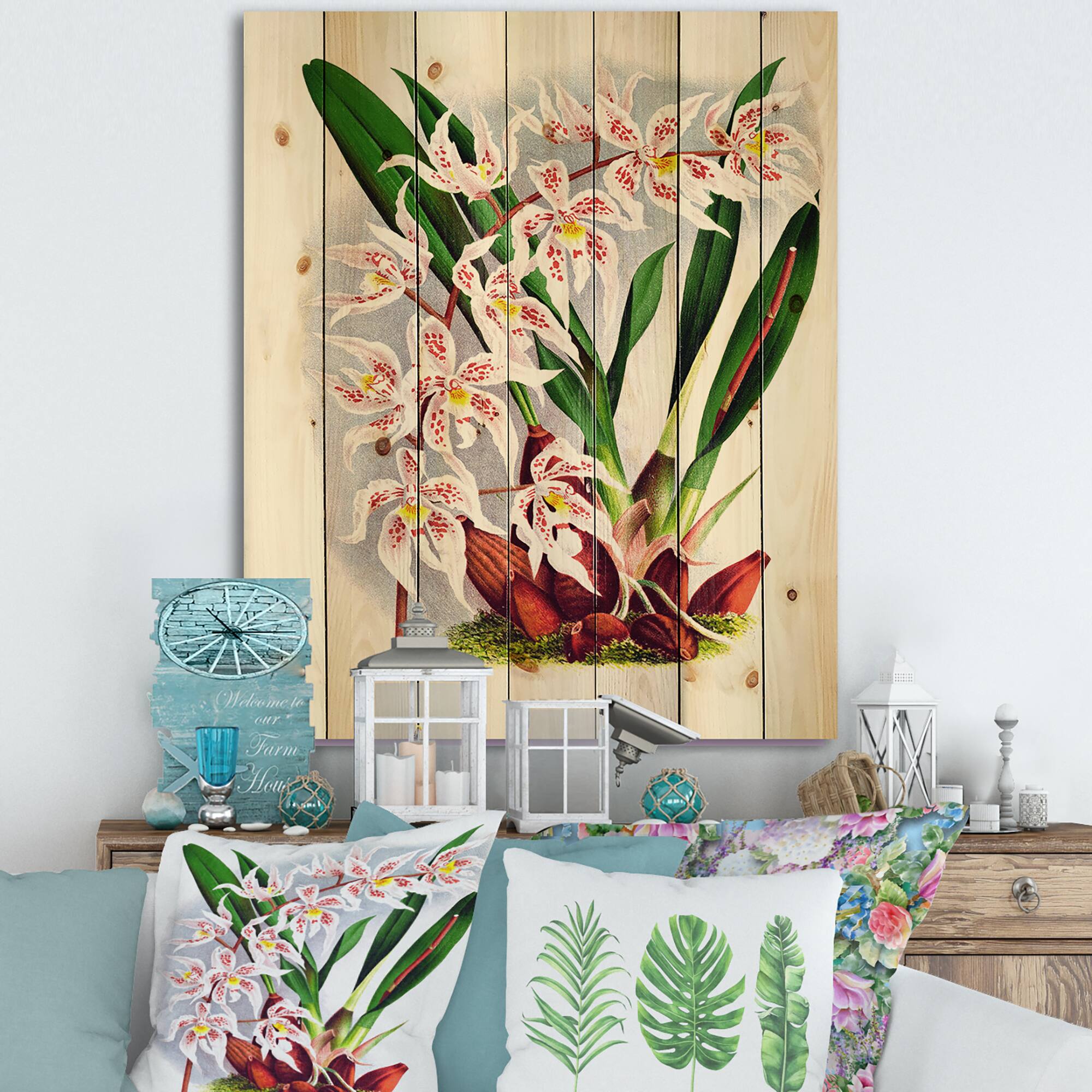 Designart - Vintage White Orchid Flower II - Traditional Print on Natural Pine Wood