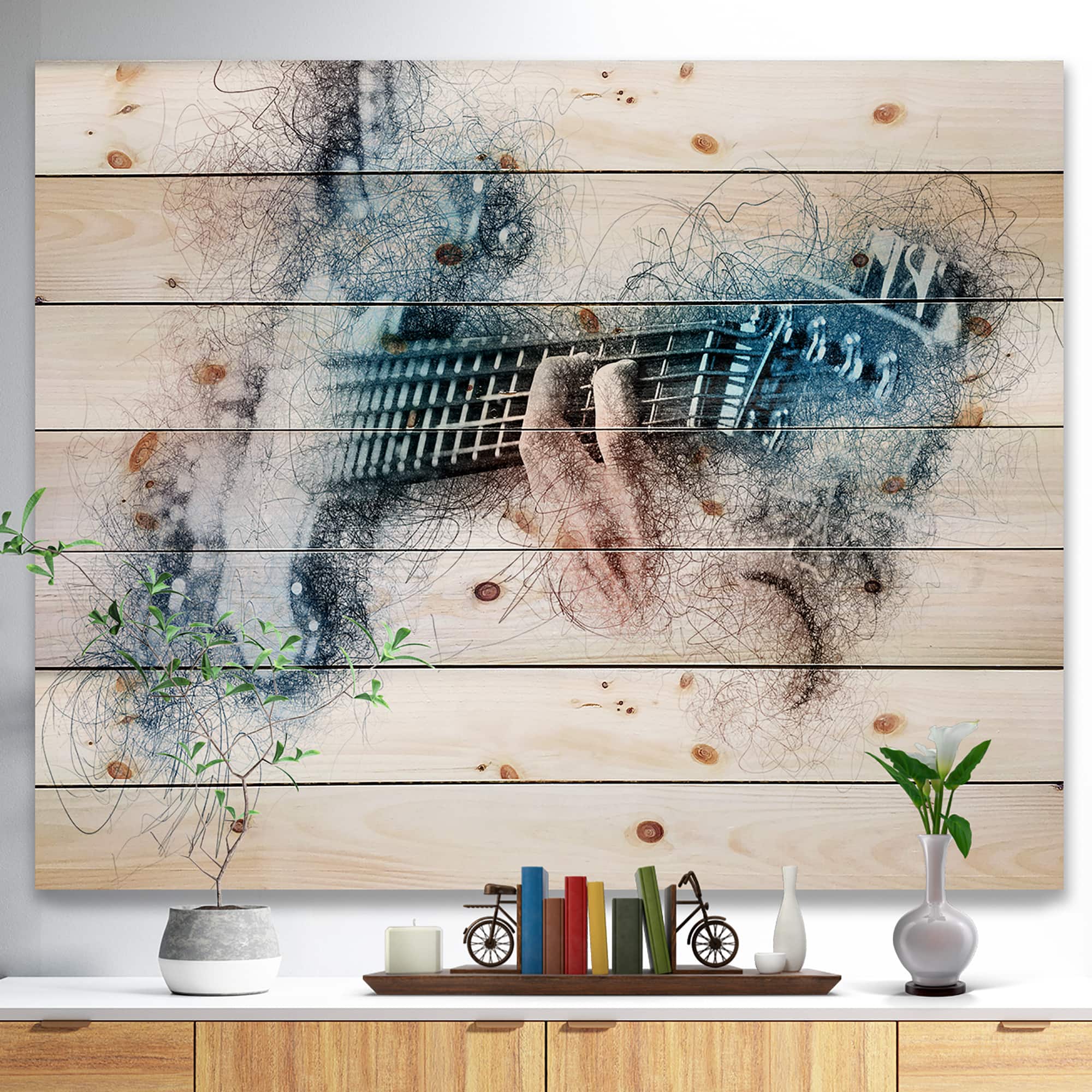 Designart - Man Playing A Guitar Watercolor - Contemporary Print on Natural Pine Wood