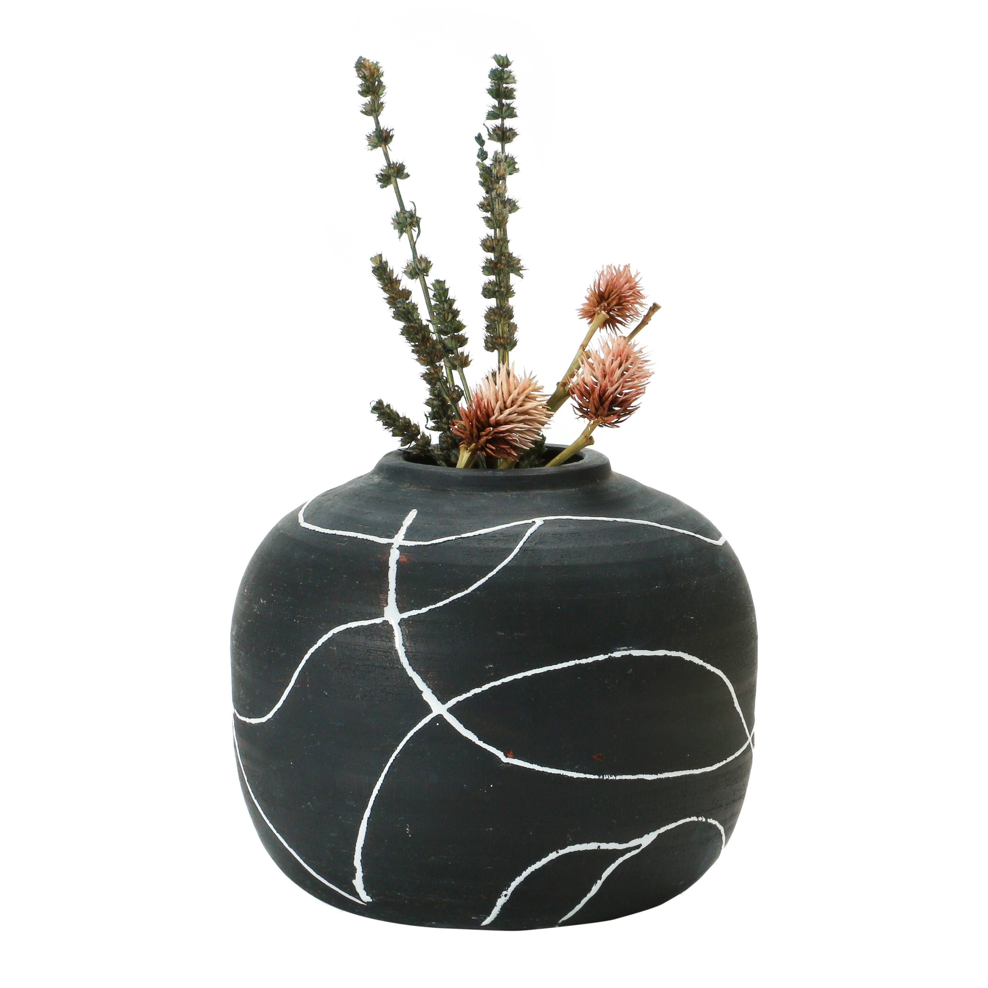 Hello Honey® 6.5" Black & White Stoneware Vase with Hand-Painted Intersecting Lines