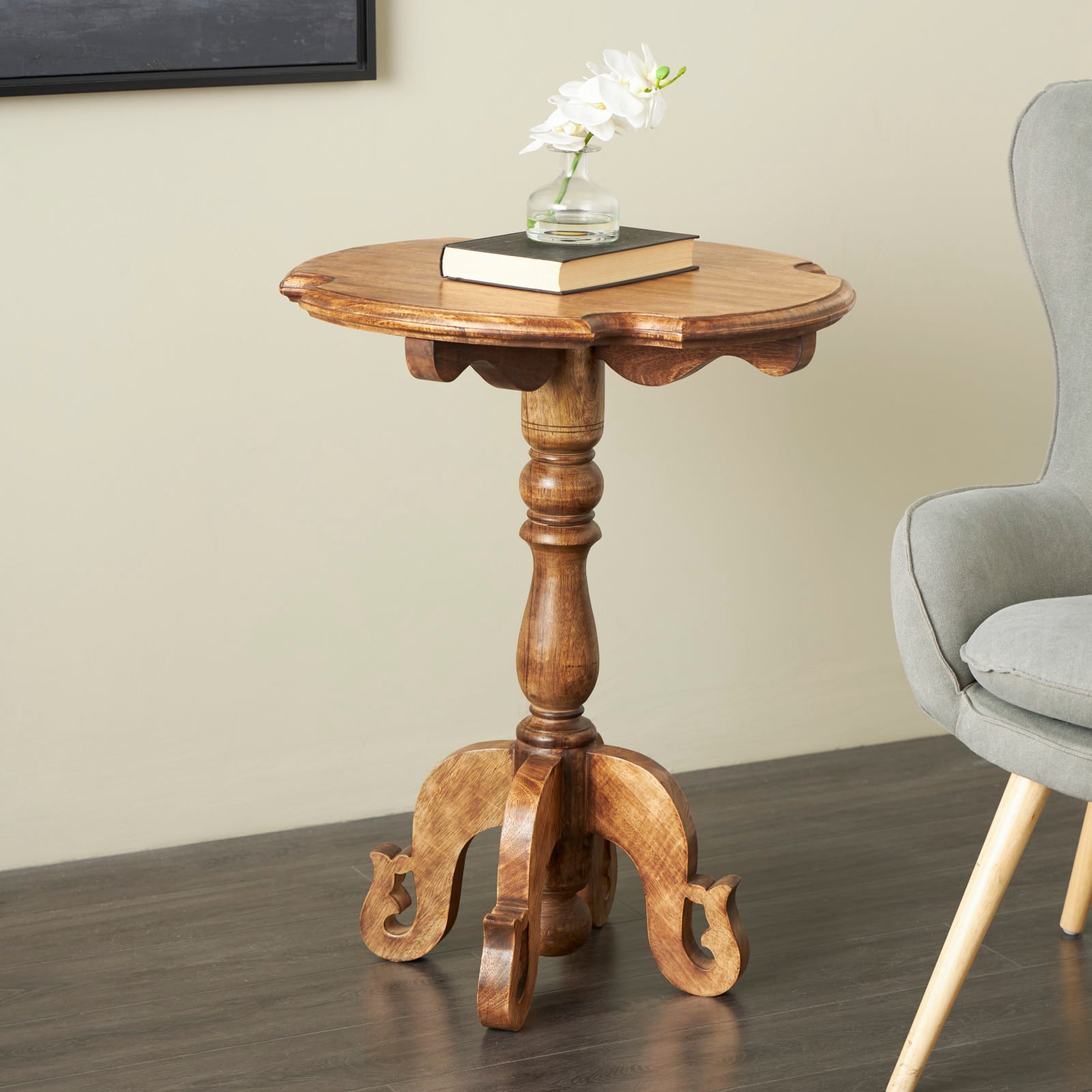 Brown Mango Wood  Turned Accent Table with Scrolled Legs and Cutout Tabletop