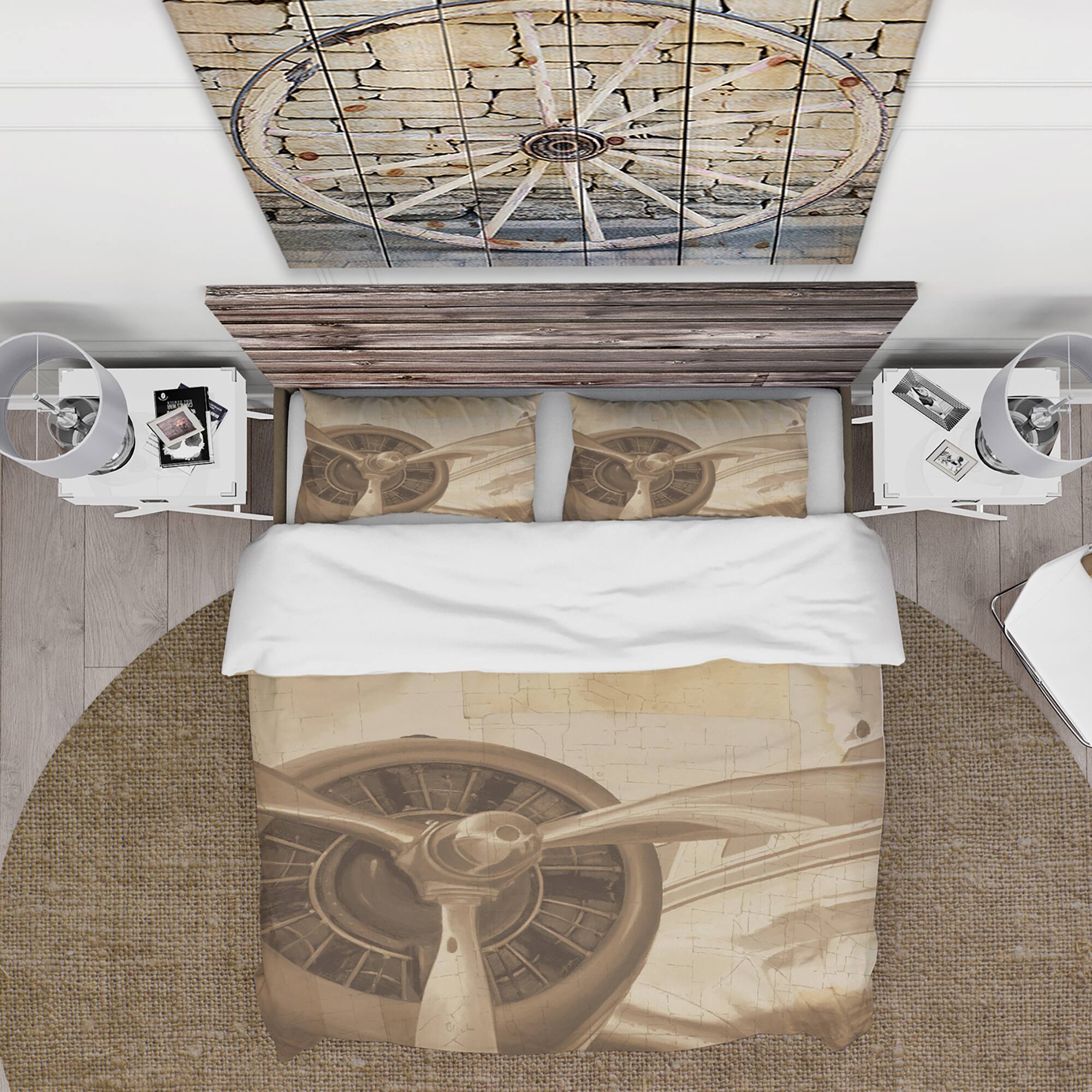 Designart &#x27;Retro Airplanes Sepia&#x27; Traditional Bedding Set - Duvet Cover &#x26; Shams