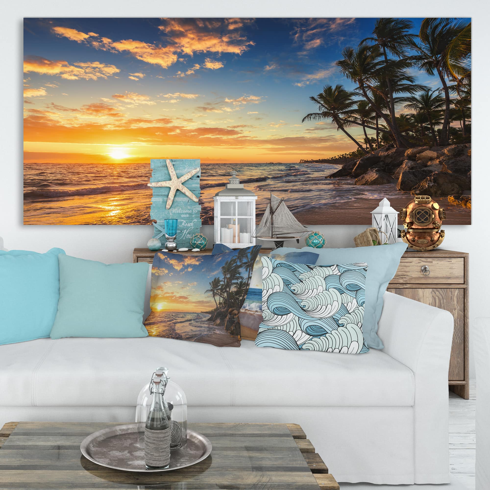Designart - Paradise Tropical Island Beach with Palms - Extra Large Seascape Art Canvas