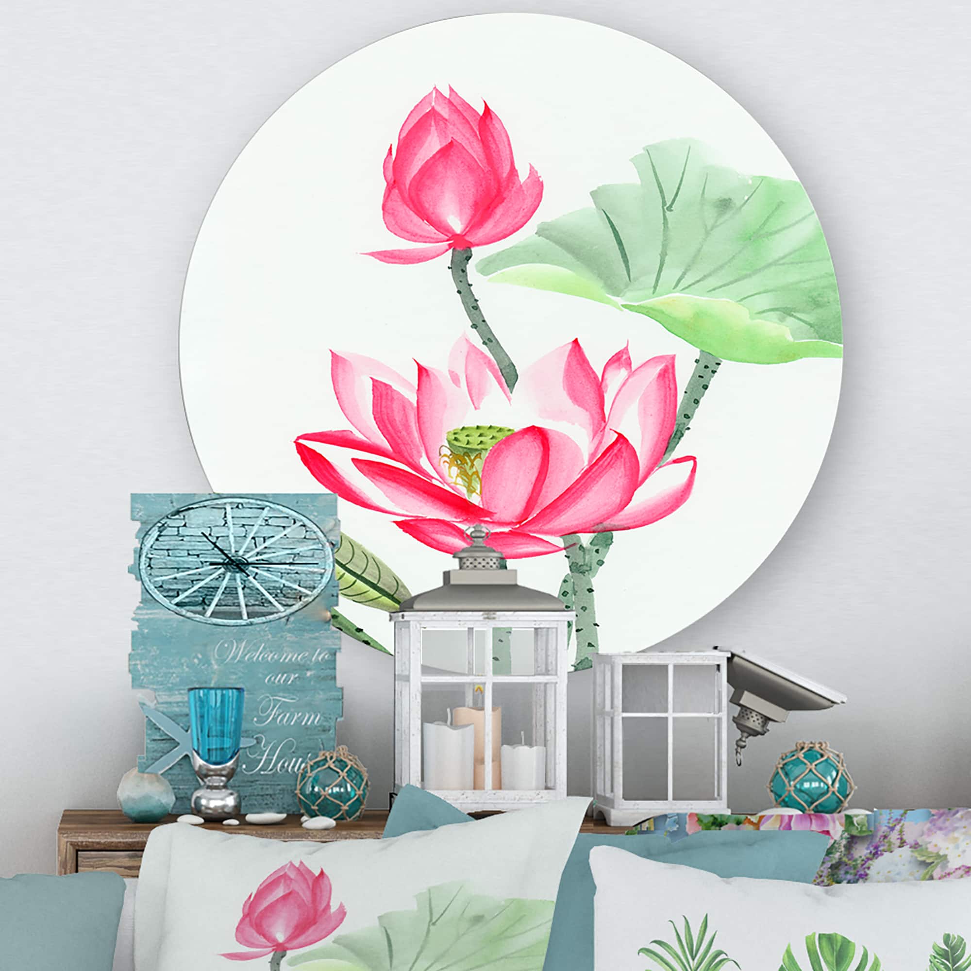 Designart - Vintage Pink Lotus Flower - Traditional Metal Circle Wall Art
