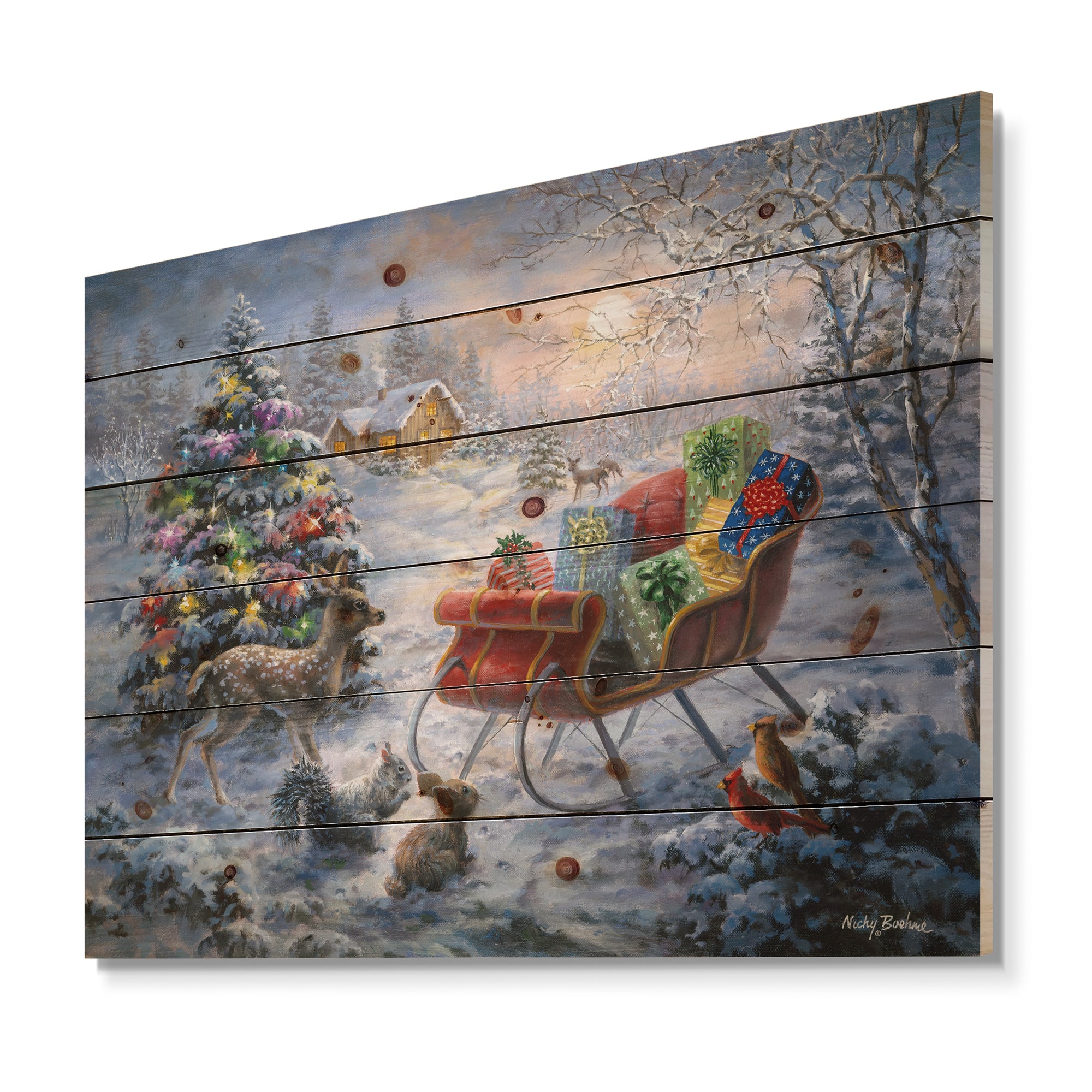 Designart Christmas Tree with Sleigh Print on Natural Pine Wood