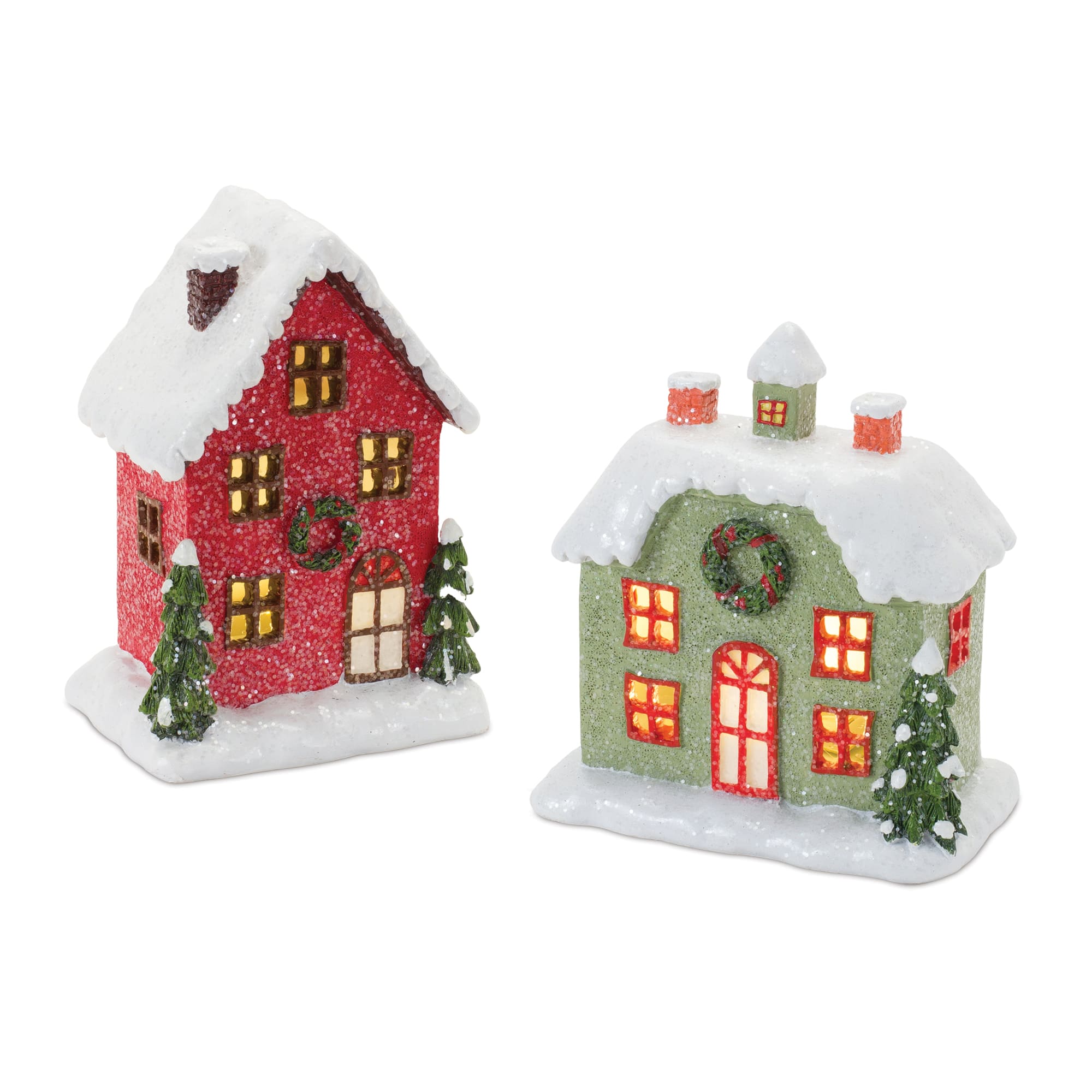 Red &#x26; Green Winter Village Houses Lighted Tabletop Town D&#xE9;cor Set, 5.75&#x22; &#x26; 6&#x22;