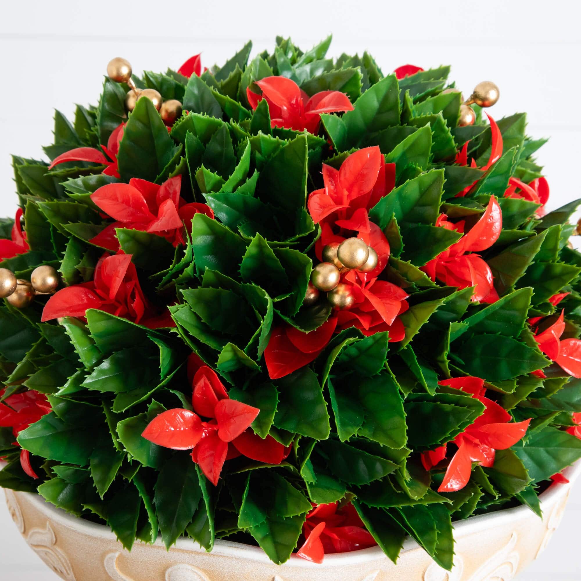 22in. UV Resistant Artificial Red Tip Photinia Christmas Ball in Classic Decorative Planter (Indoor/Outdoor)