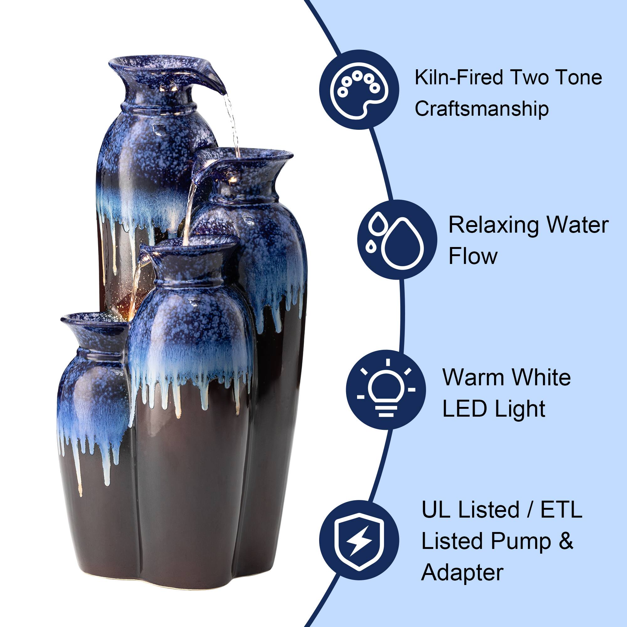 Glitzhome® 30.75" 4-Tier LED Reactive Glaze Ceramic Vase Outdoor Floor Fountain