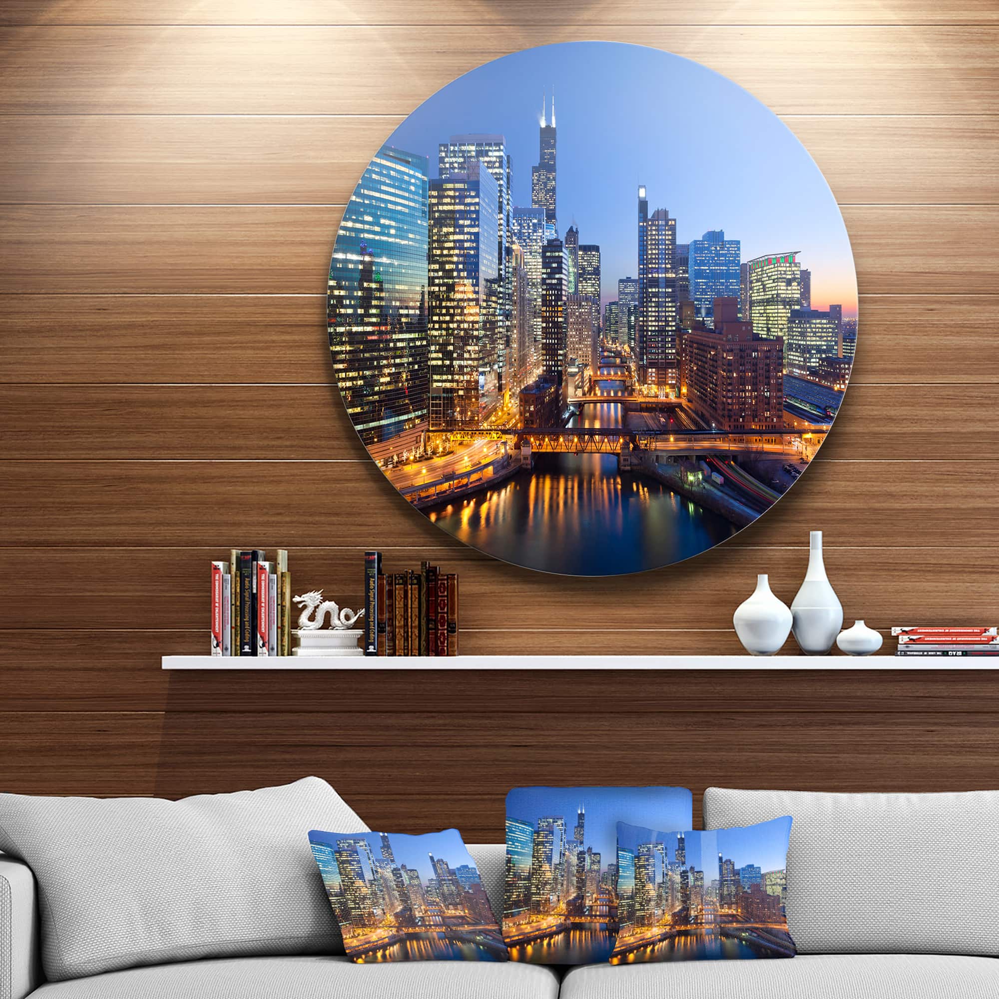 Designart - Chicago River with Bridges at Sunset' Ultra Glossy Cityscape Circle Wall Art