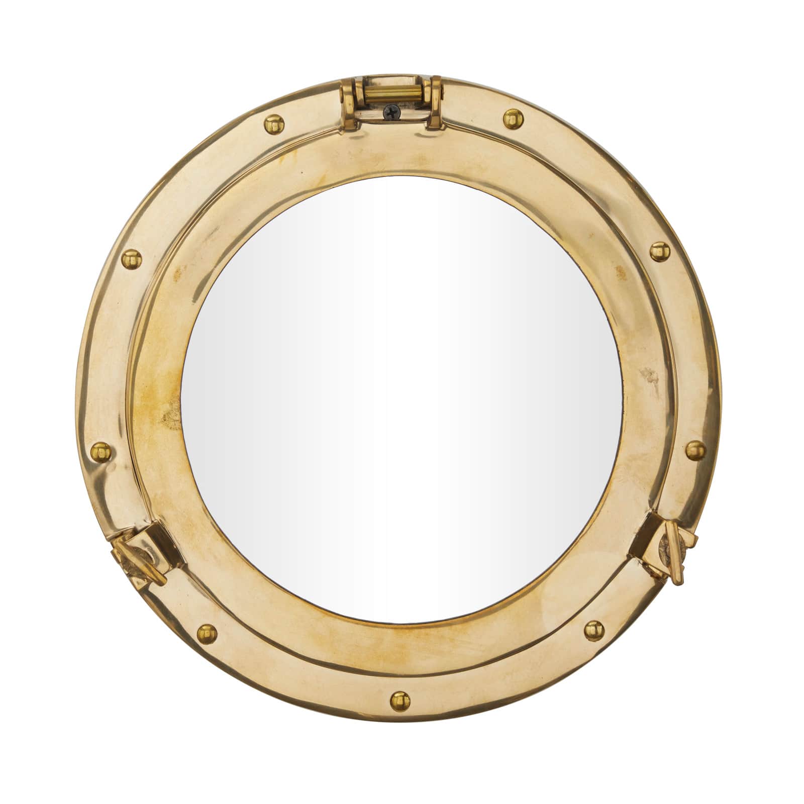 The Novogratz Gold Brass Sail Boat Wall Mirror with Port Hole Detailing 12&#x22; x 2&#x22; x 12&#x22;