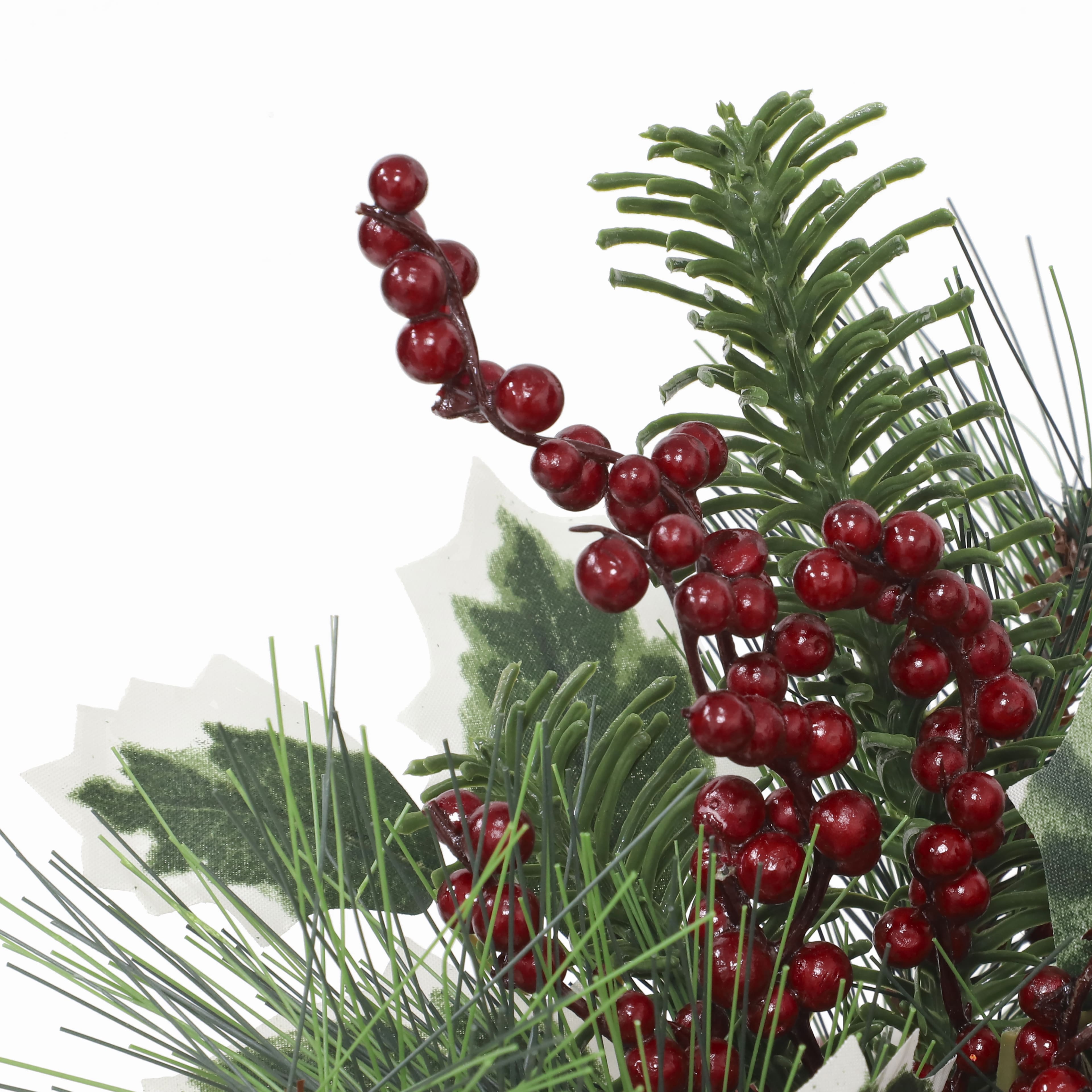 9.5&#x22; Green Pine &#x26; Red Berry Arrangement in White Ceramic Pot with Striped Rim by Ashland&#xAE;