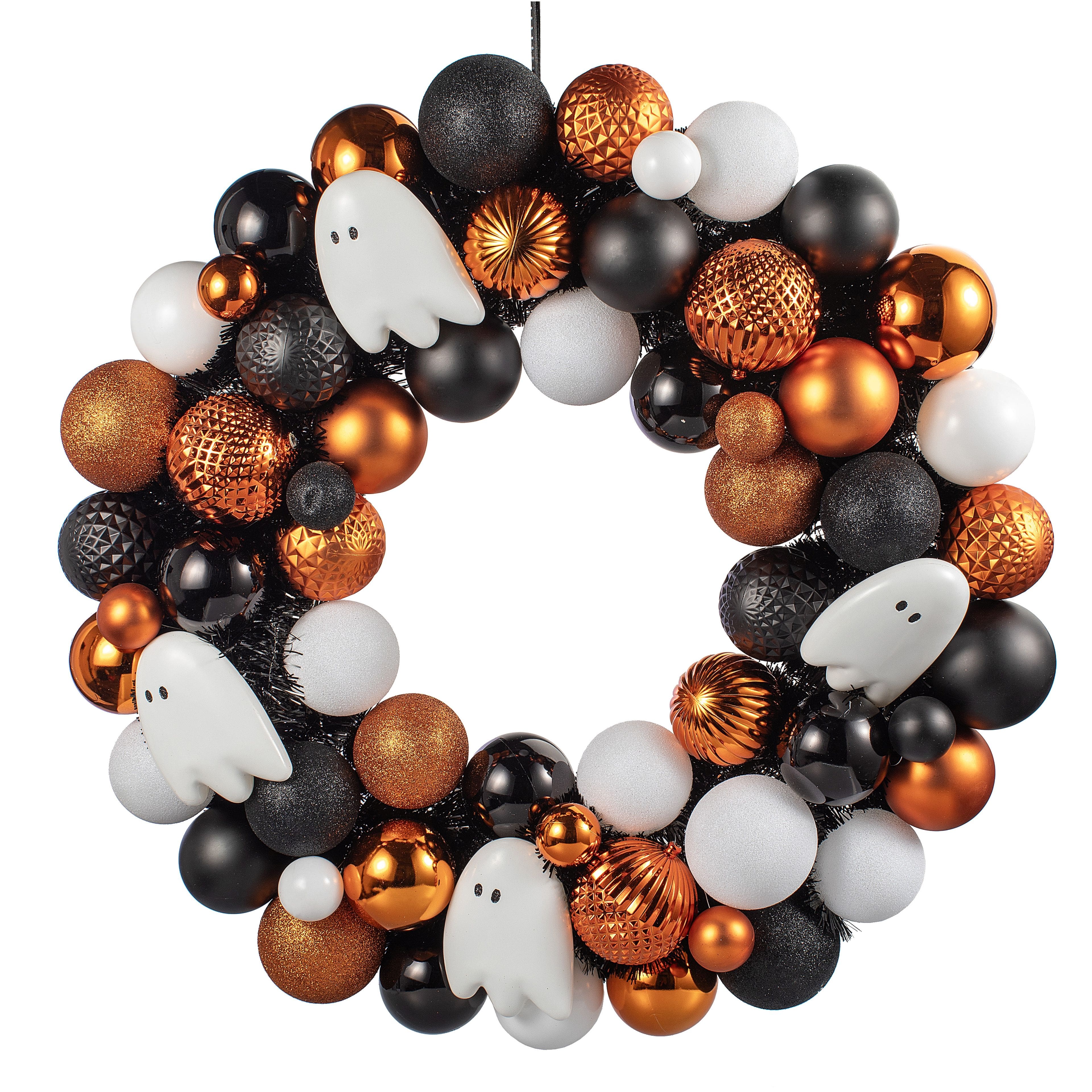 23.5&#x22; Orange, Black &#x26; White Ghost &#x26; Ornament Wreath by Ashland&#xAE;