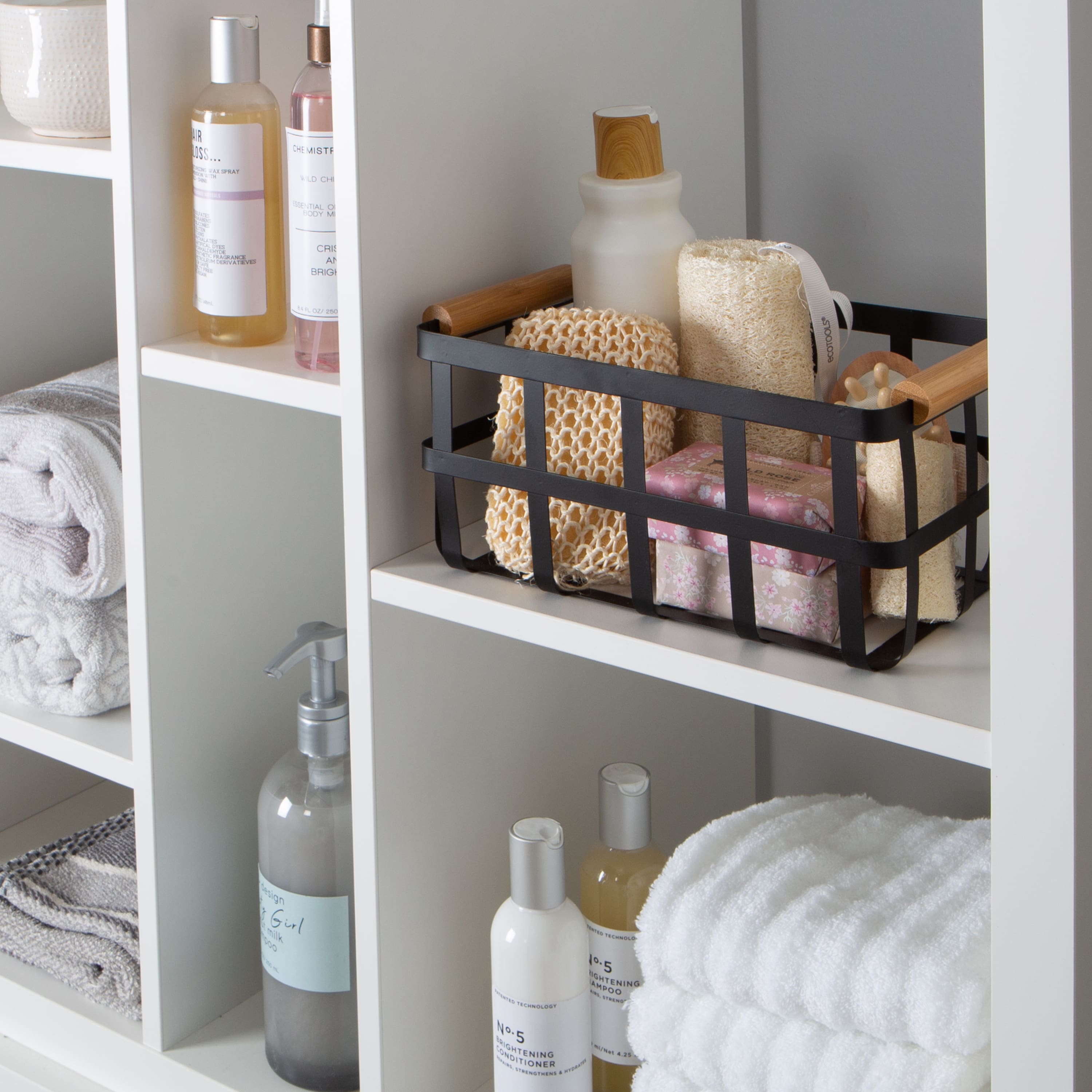 Simplify Small Black Metal Basket with Bamboo Handles