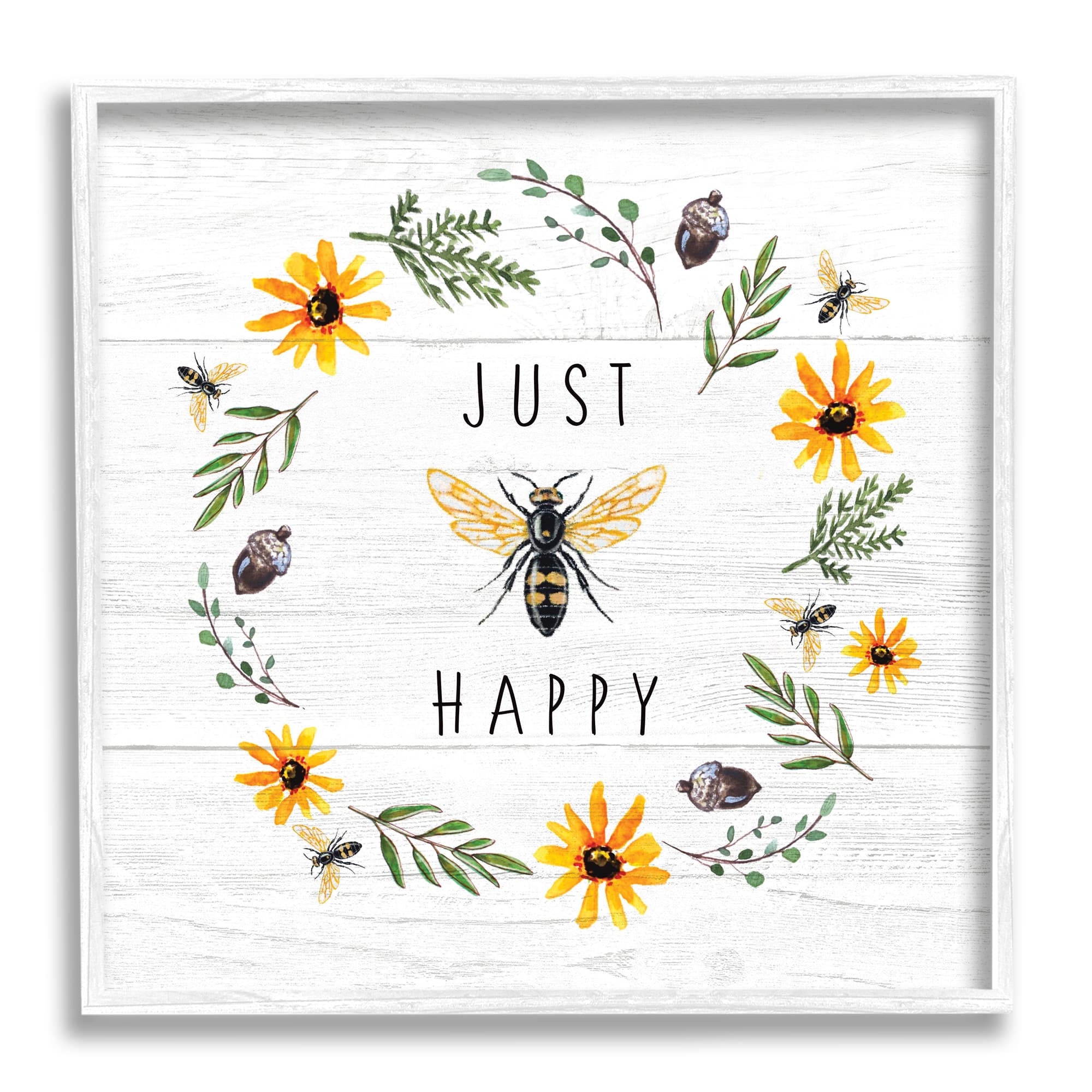 Stupell Industries Just Bee Happy Pun Phrase Yellow Daisy Wreath in White Frame Wall Art