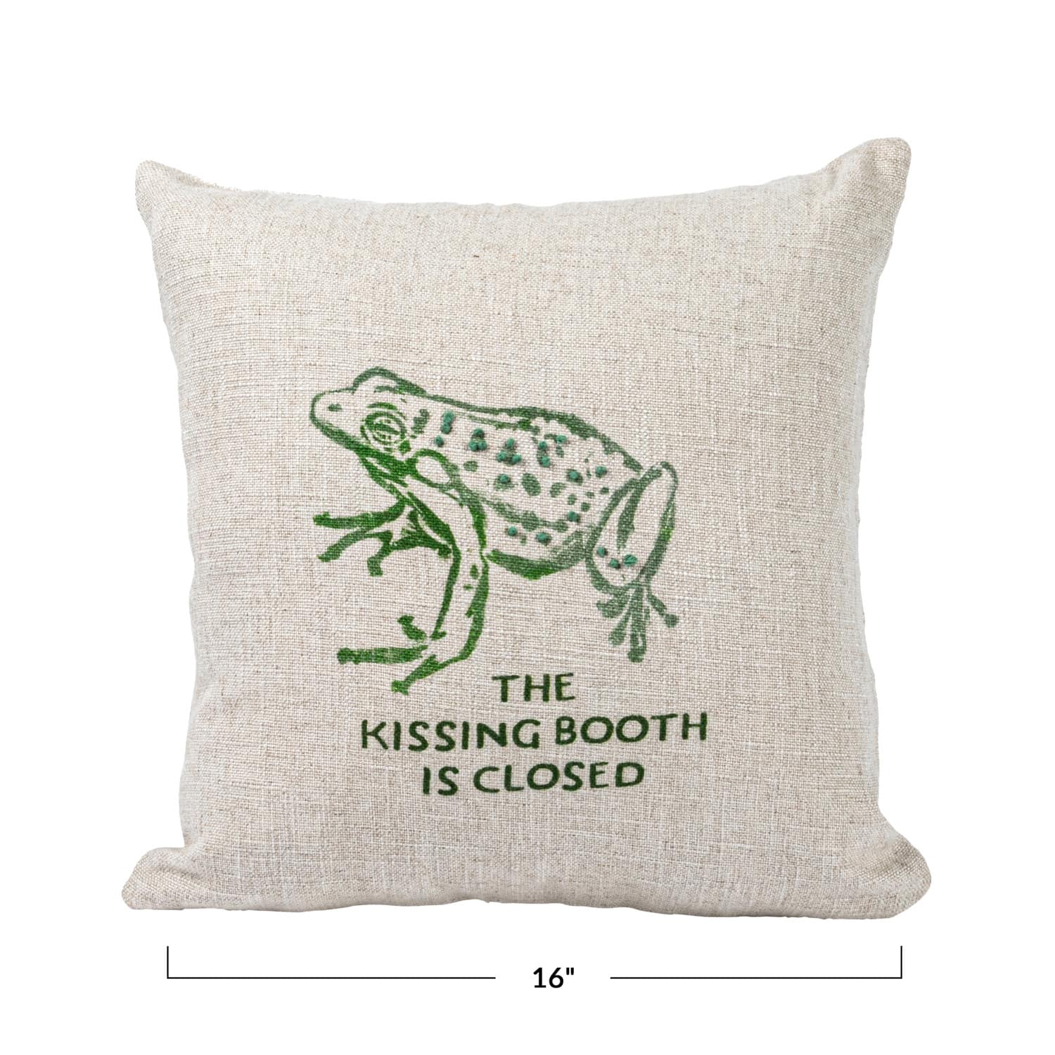 Hello Honey® Natural & Green Frog "The Kissing Booth is Closed" Linen Blend Pillow with French Knots