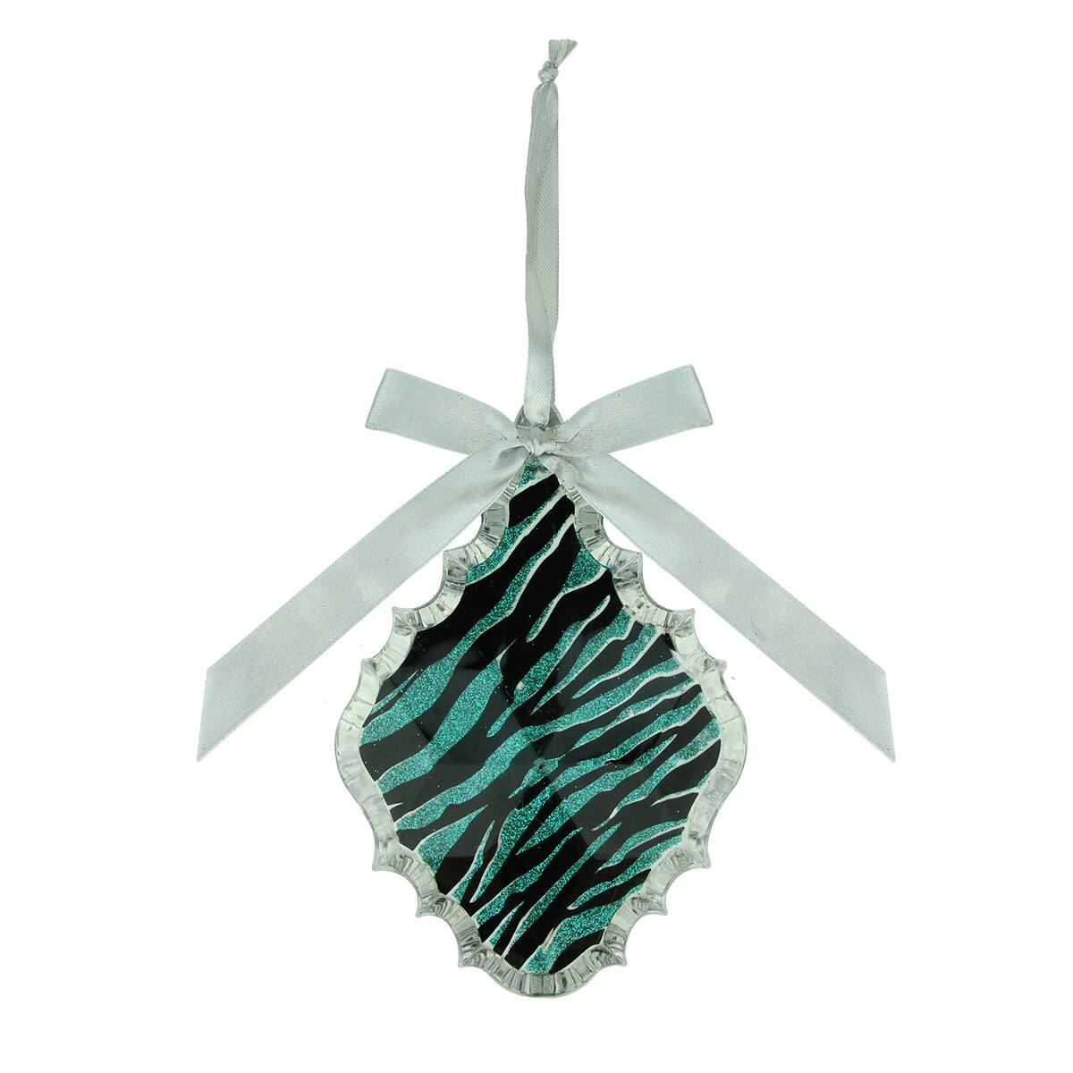 Teal Green &#x26; Black Glitter Zebra Print Teardrop Prism Ornament