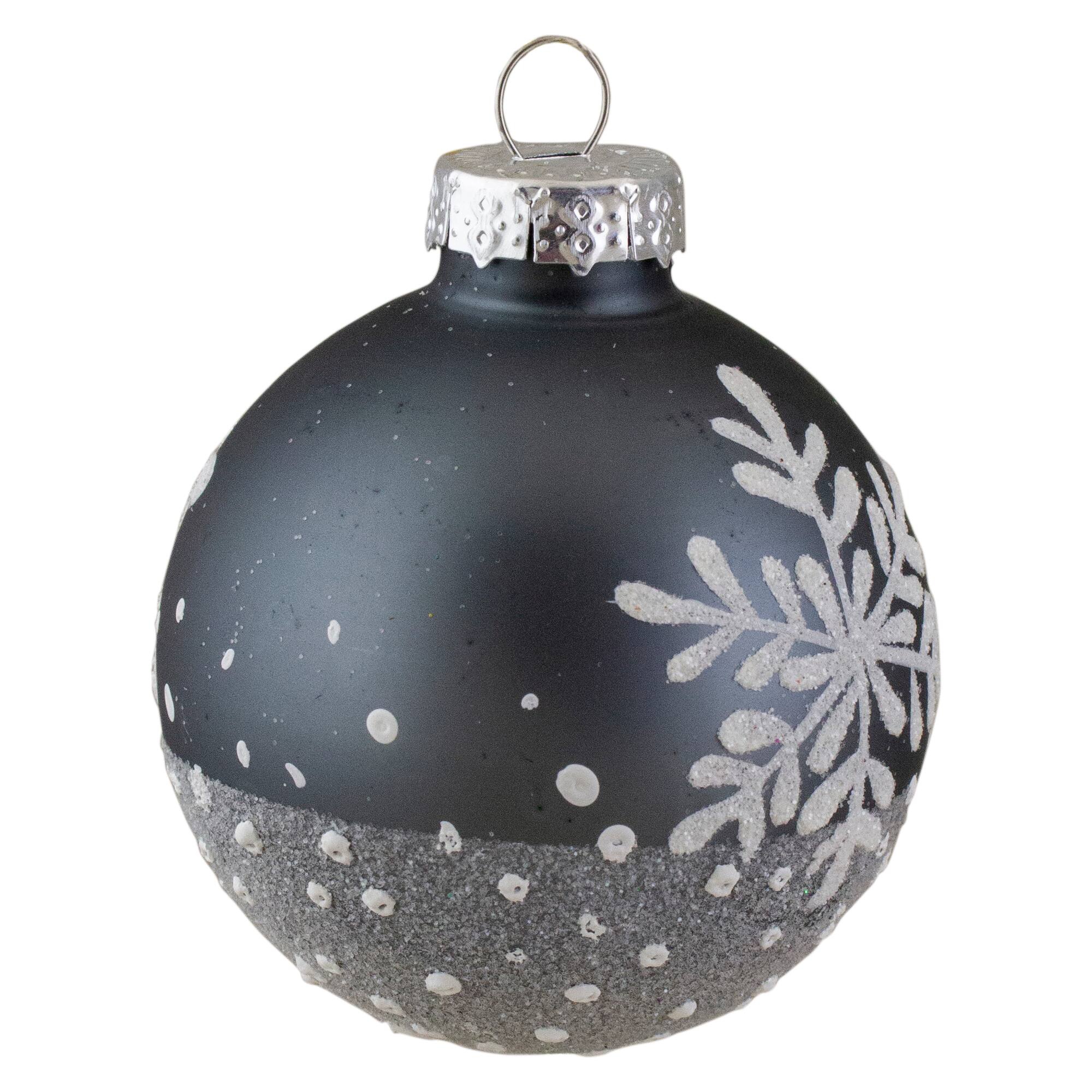 6ct. 4&#x22; Gray &#x26; White Snowflake Glass Ball Ornaments