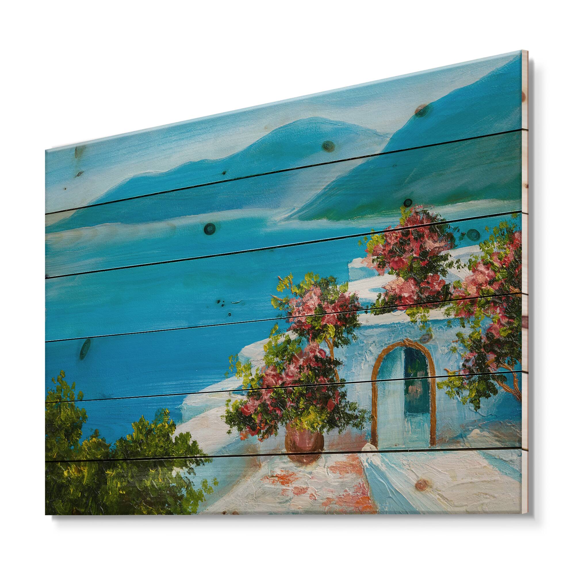 Designart - House Near The Sea Colorful Flowers I - Nautical &#x26; Coastal Print on Natural Pine Wood