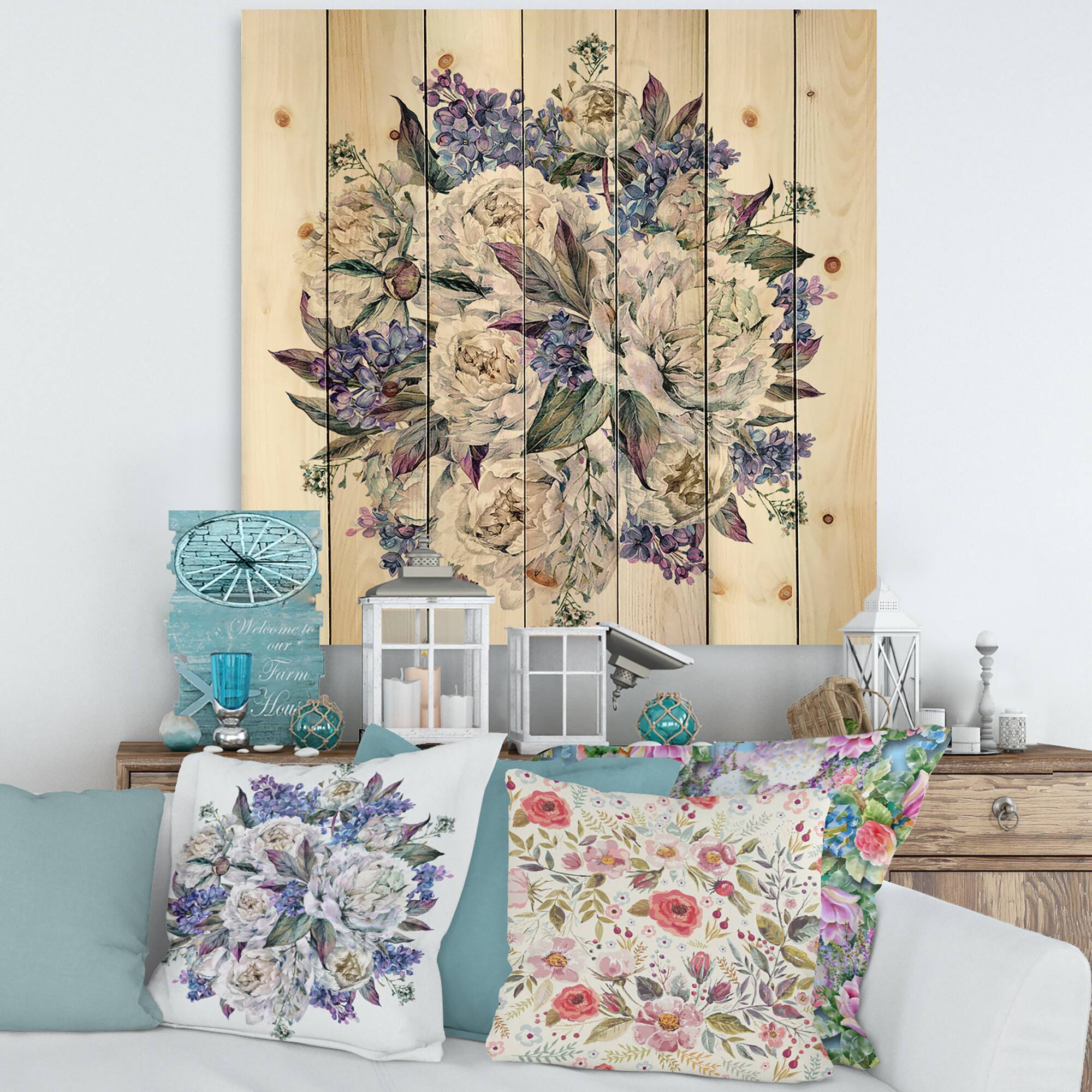 Designart - Bouquet Peonies In White and Blue - Traditional Print on Natural Pine Wood