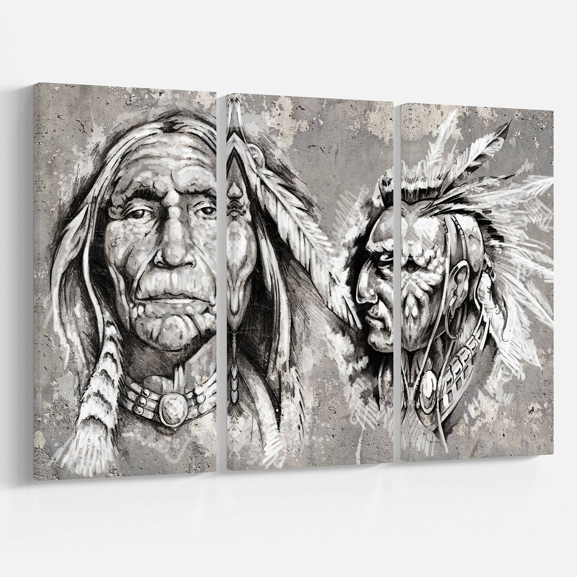 Designart - Native American Indian Heads - Abstract Portrait Canvas Print