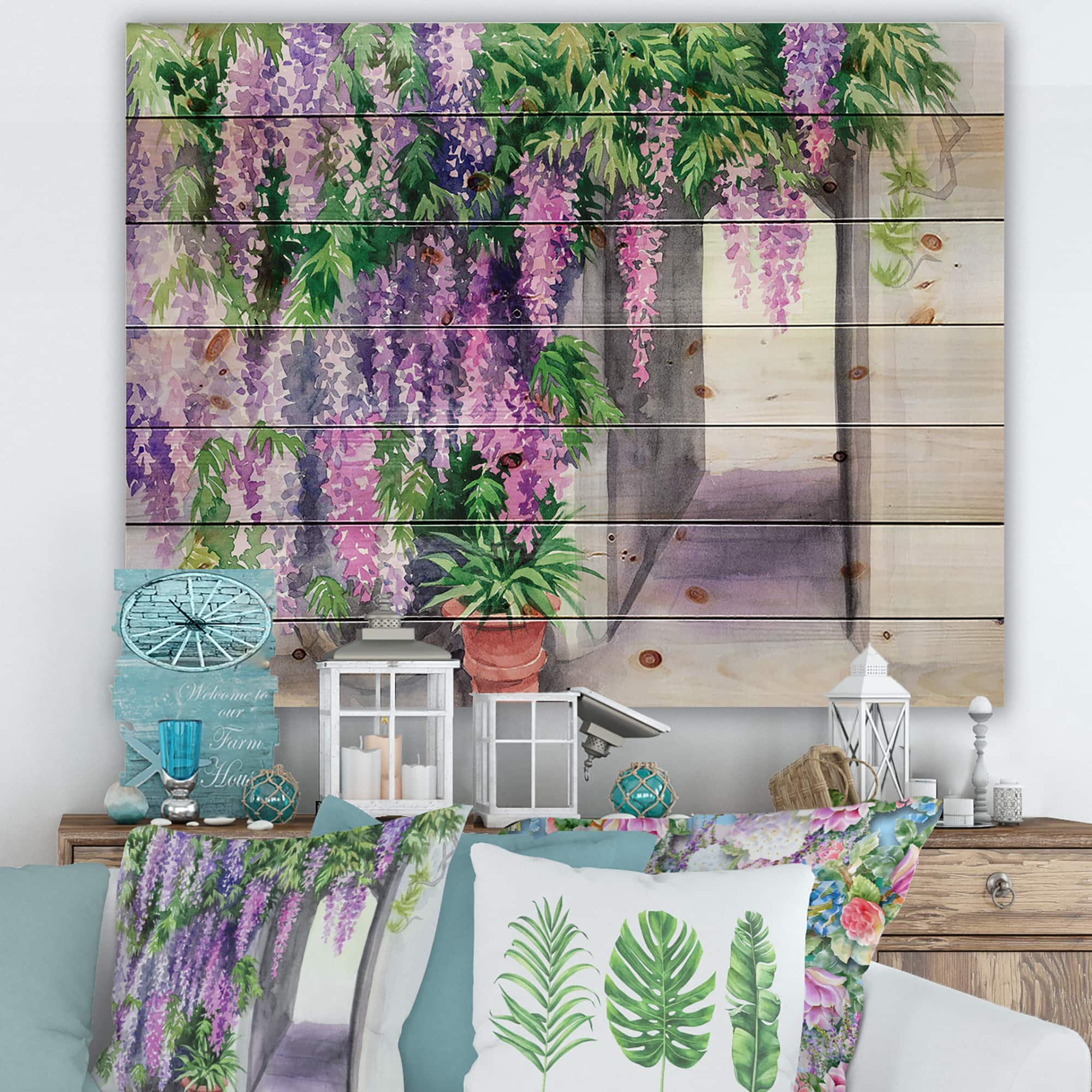 Designart - Wisteria Blossom - Traditional Print on Natural Pine Wood