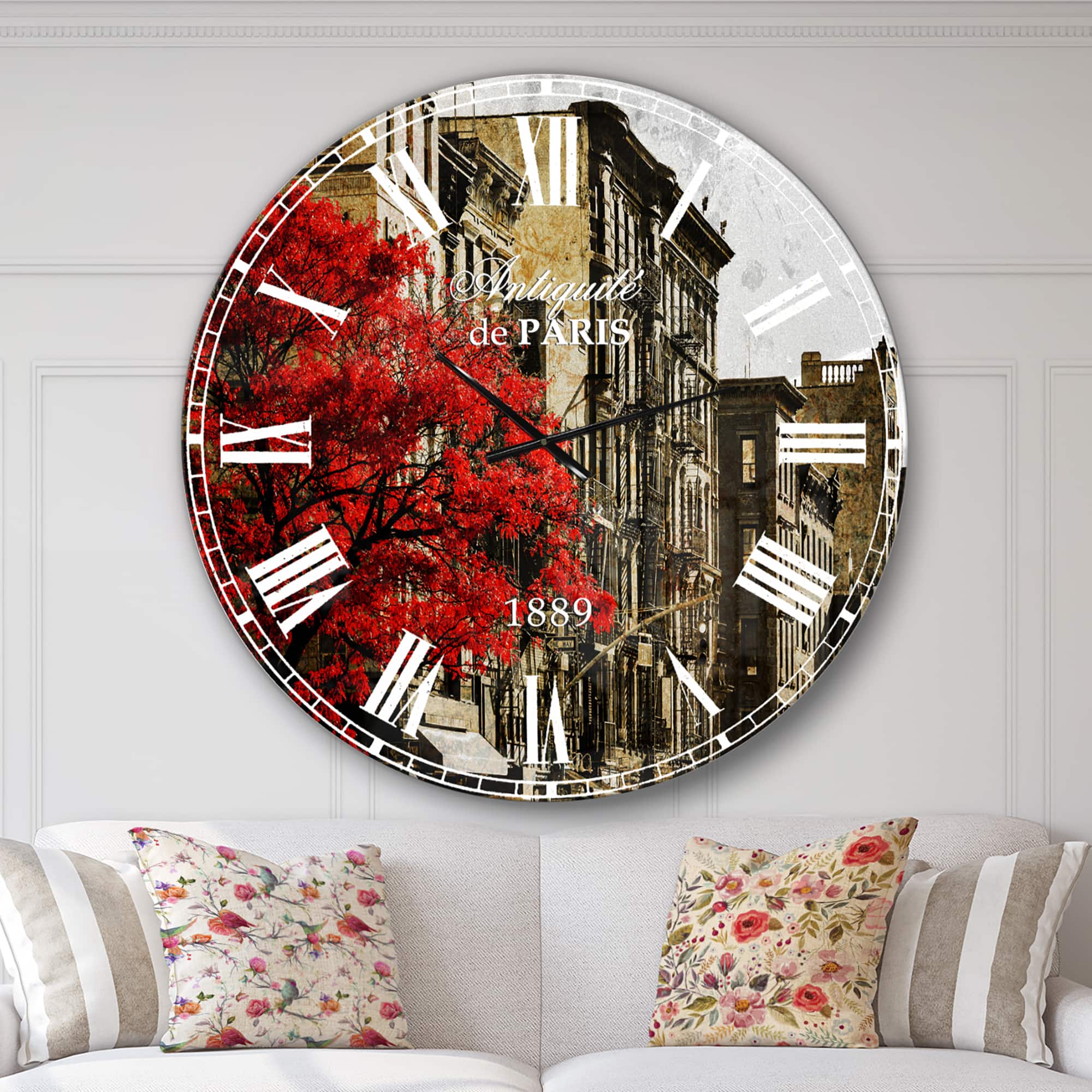 Designart &#x27;Red Tree On Black And White New York City Street Industrial Wall Clock