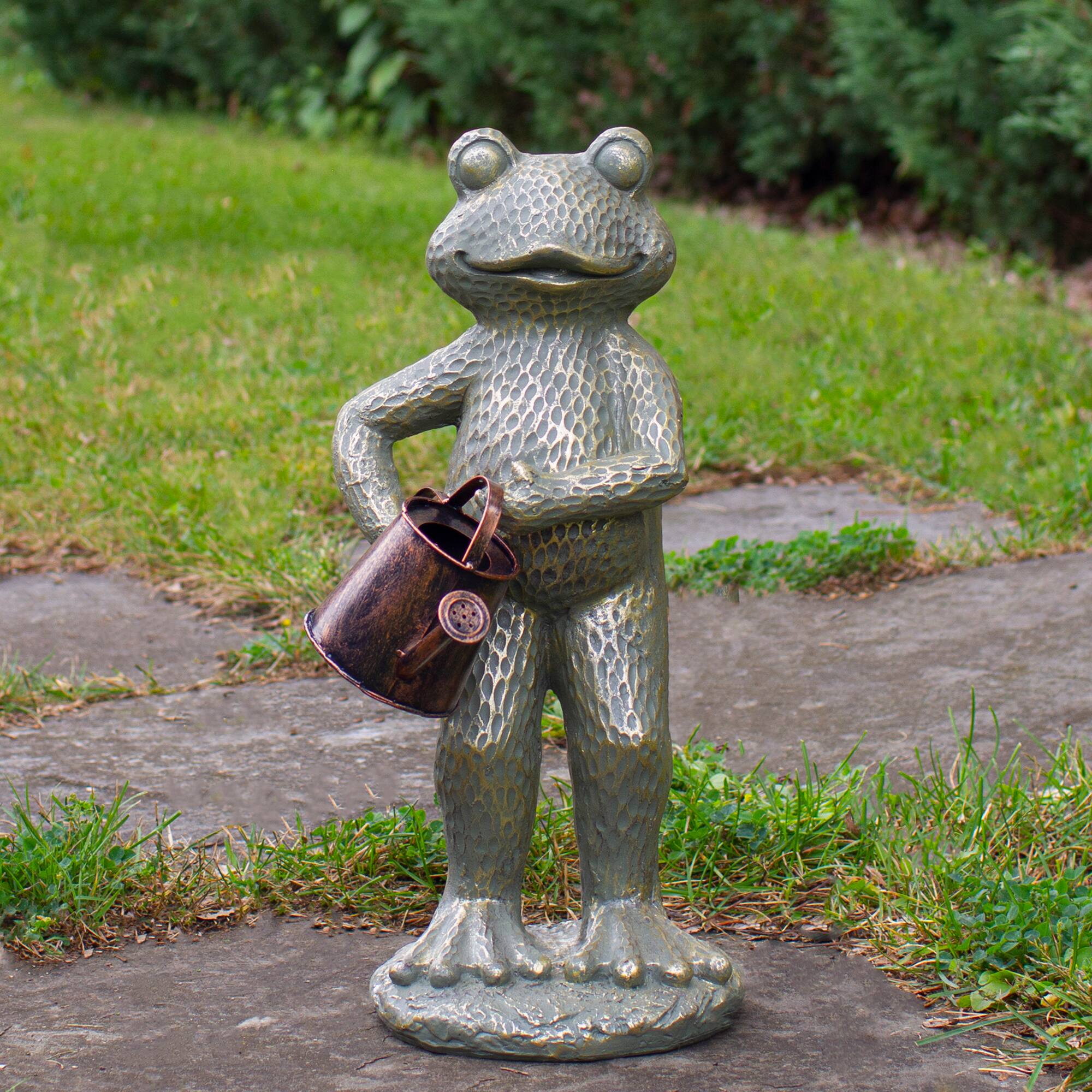 17&#x22; Gold Verdigris Frog with Watering Can Outdoor Garden Statue