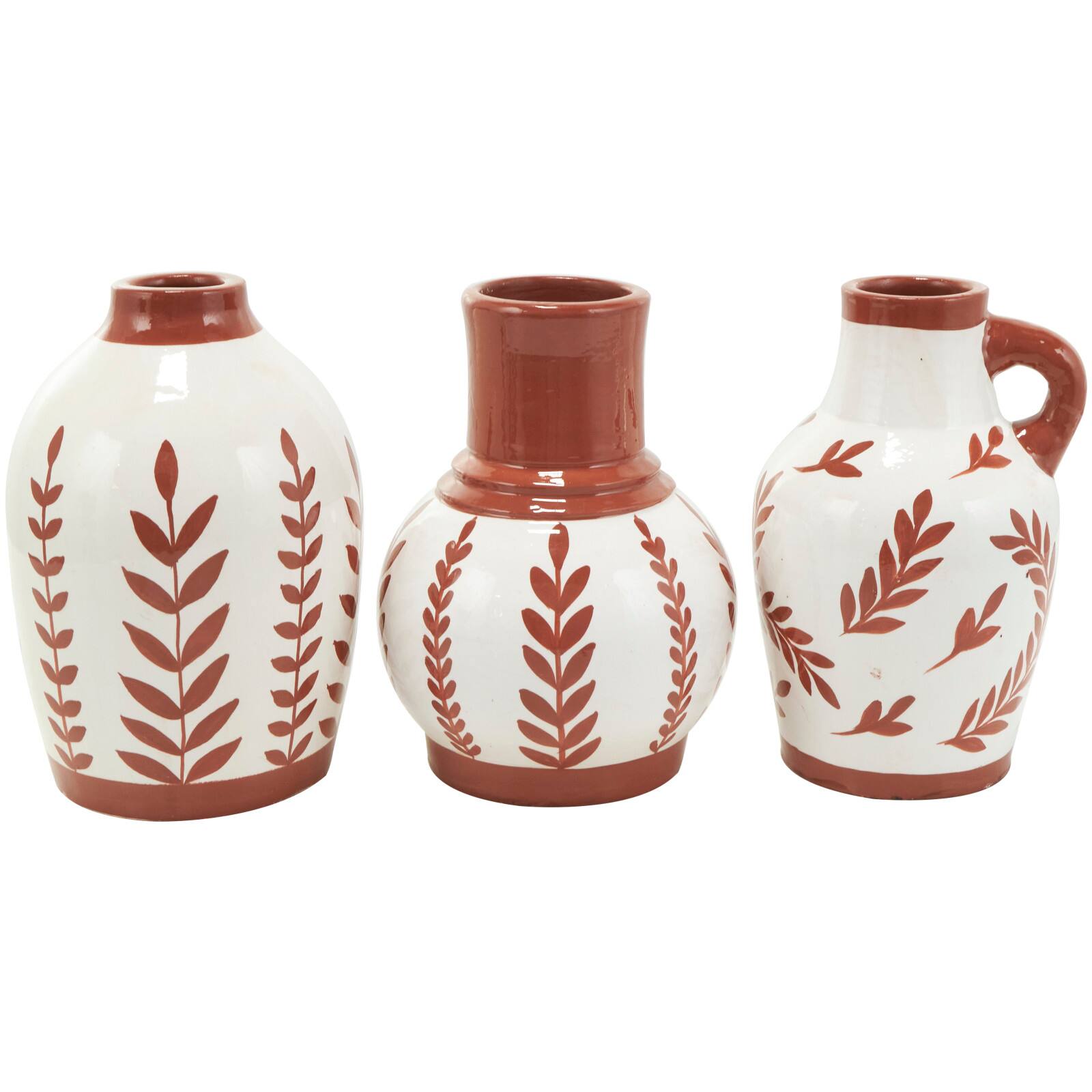 White Ceramic Floral Vase with Terracotta Colored Detailing Set