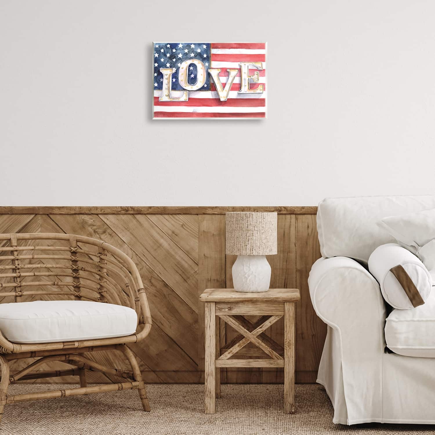 Stupell Industries Vintage Love Text Over Stitched American Flag Wall Plaque Art