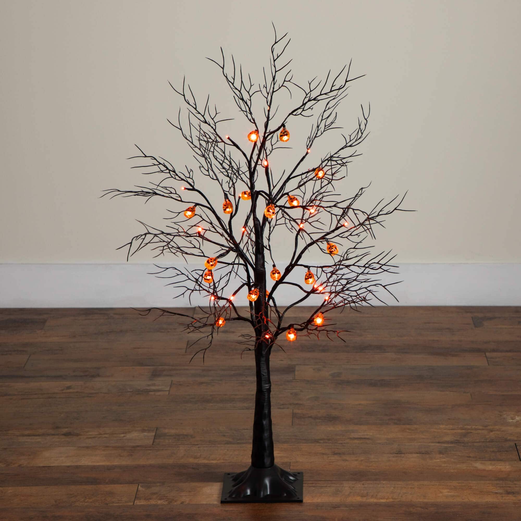 3ft. Pre-Lit Artificial Halloween Black Twig Tree with 18 Orange LED Pumpkin Shaped Lights